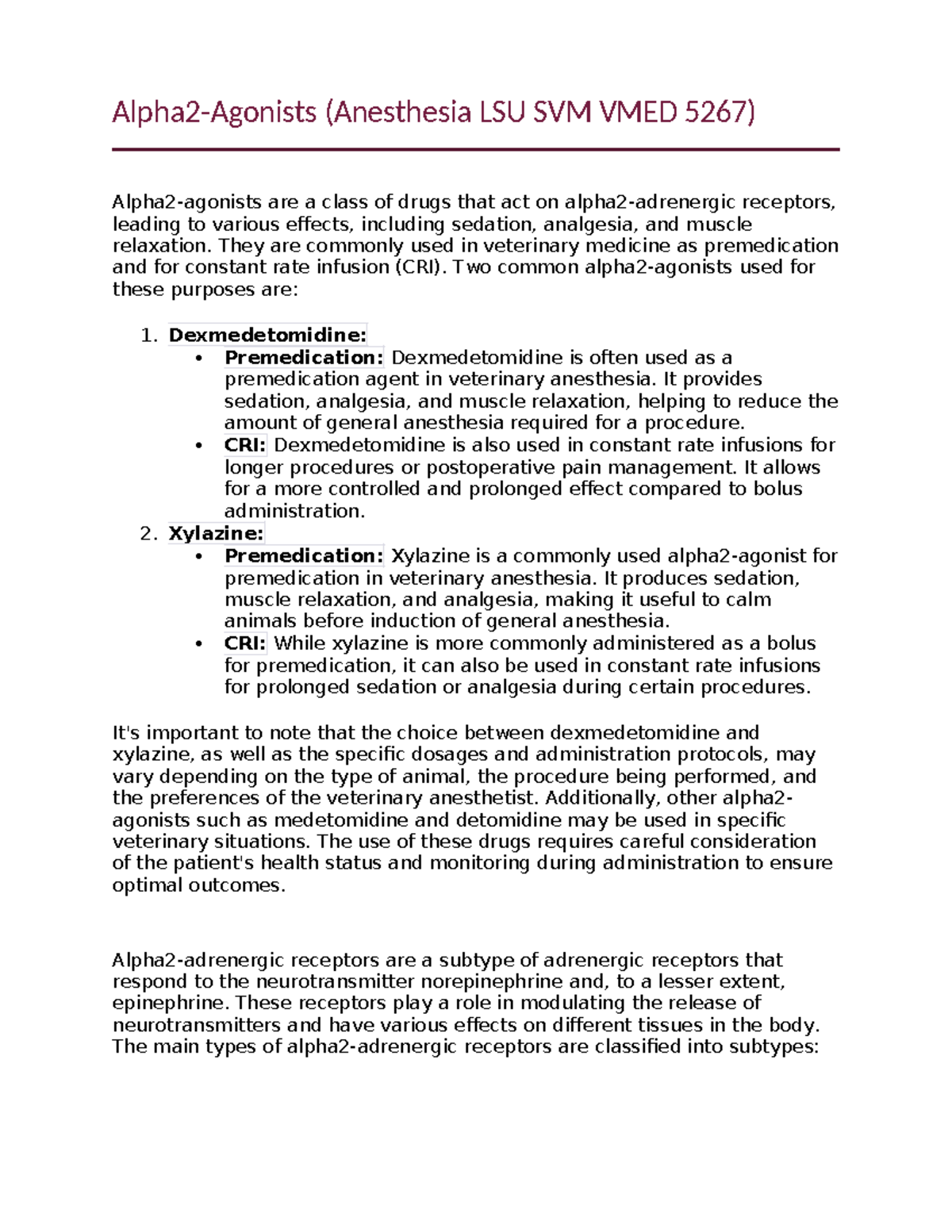 Alpha 2 - Alpha2-Agonists (Anesthesia LSU SVM VMED 5267) Alpha2 ...