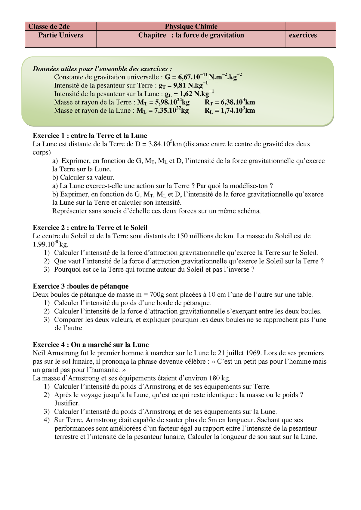 Exercices Univers Gravitation - Classe De 2de Physique Chimie Partie ...