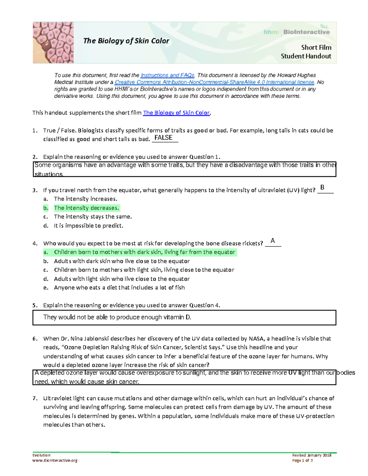 The Biology of Skin Color Evolution Revised January 2018 BioInteractive Page 1 of 3 Short Film