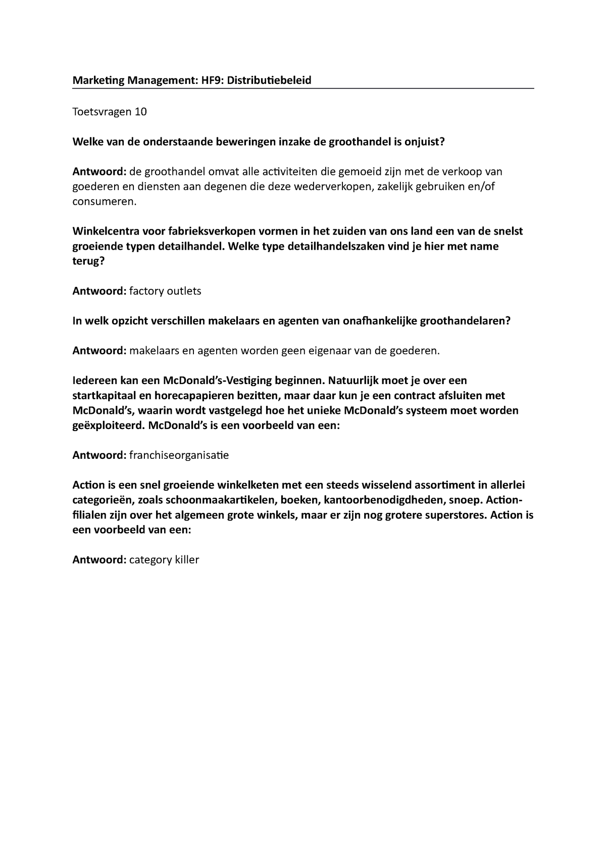 Toetsvragen 10 - Marketing Management - Marketing Management: HF9 ...