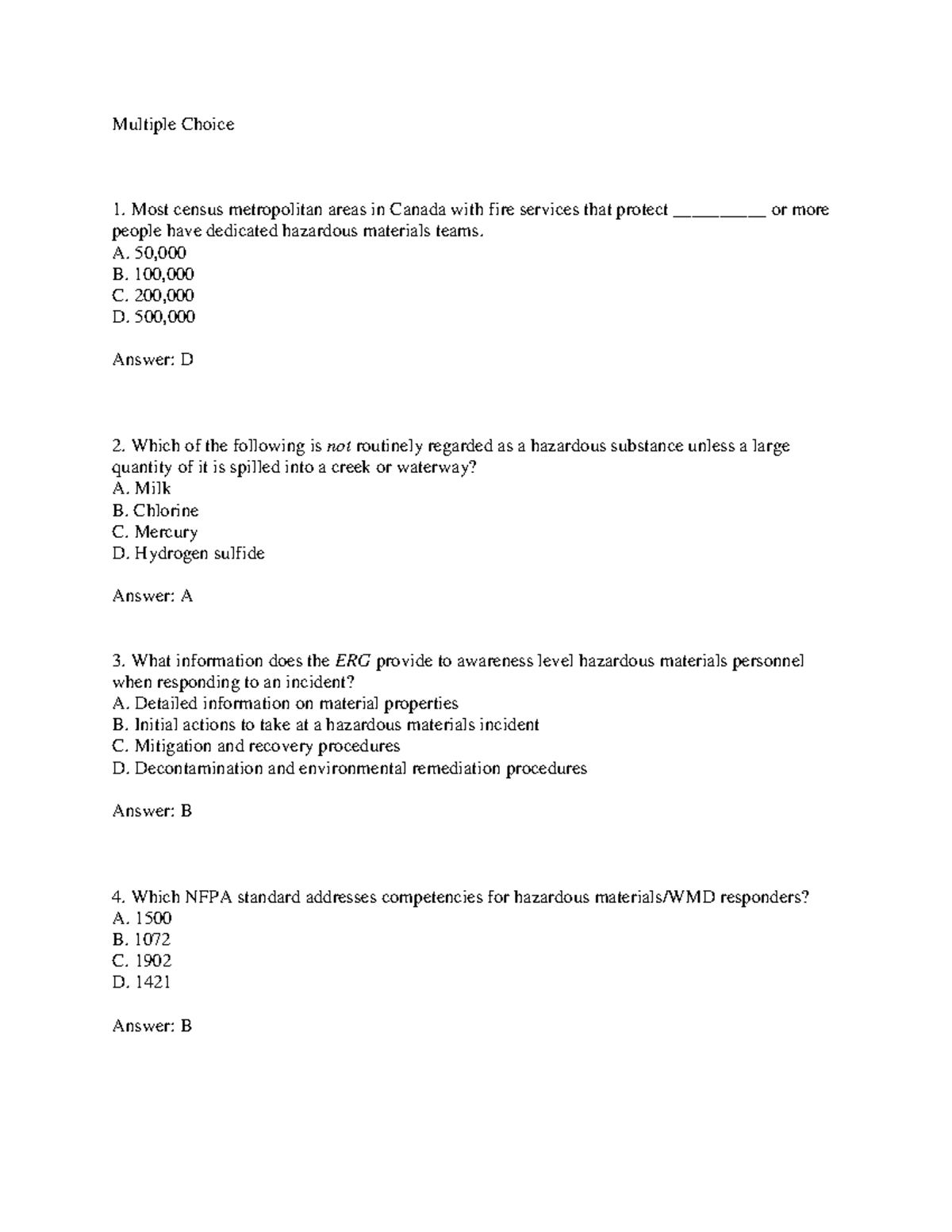 Hazardous Materials Awareness 1 Multiple Choice Most census metropolitan areas in Canada with