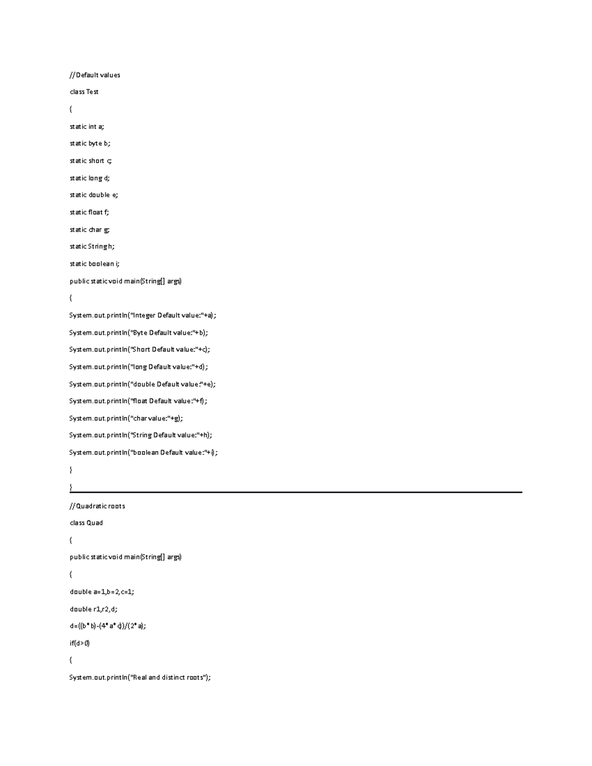 Java programs - //Default values class Test { static int a; static byte ...