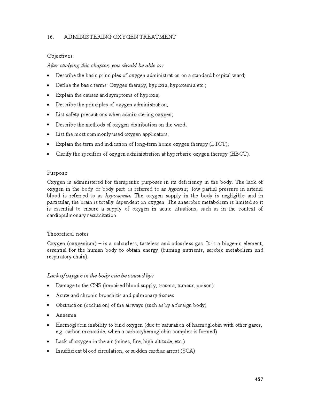 Administering Oxygen Treatment 16. ADMINISTERING OXYGEN TREATMENT