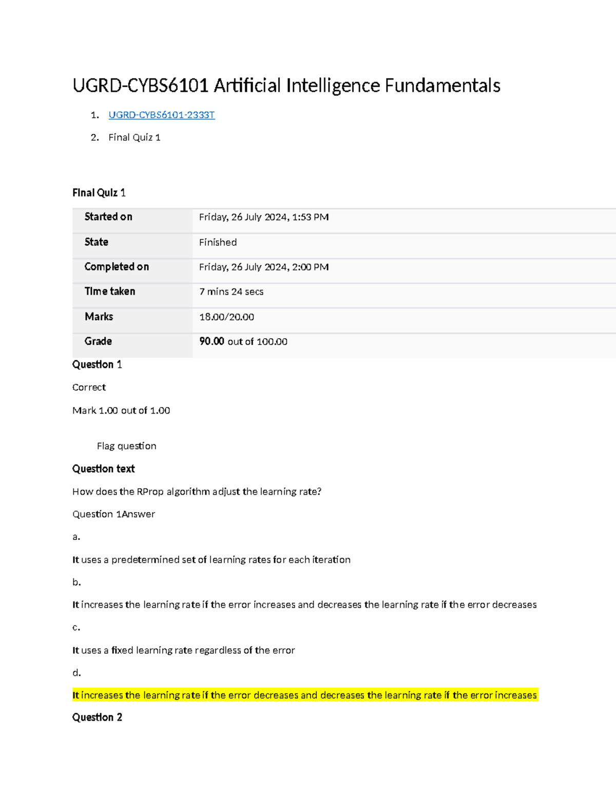 UGRD CYBS6101 Artificial Intelligence Fundamentals Final Quiz 1 And Lab ...