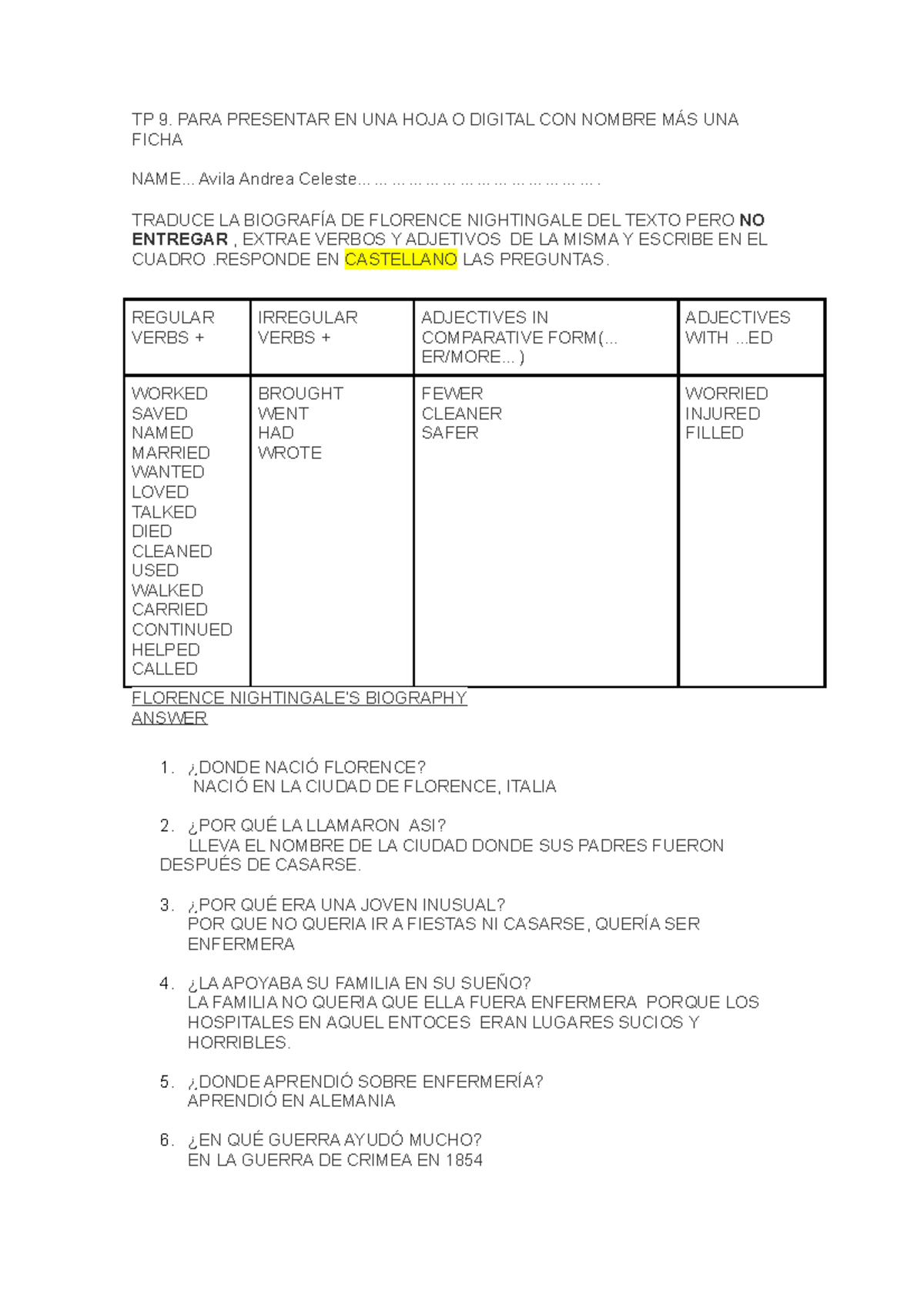 TP 9 Ingles TP 9. PARA PRESENTAR EN UNA HOJA O DIGITAL CON NOMBRE MÁS