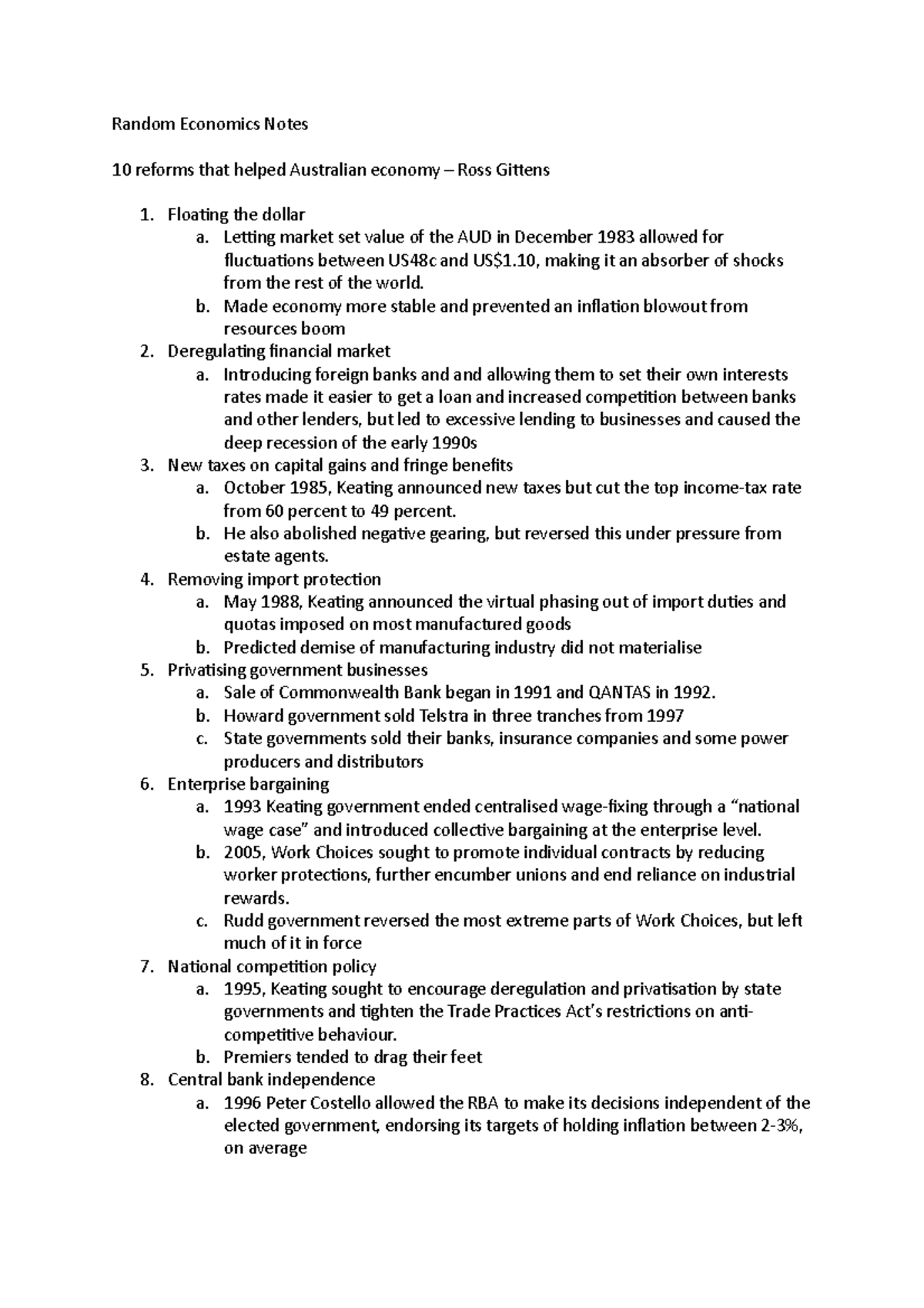 Random Economics Notes - OLET1143 - OLET1143 - USyd - Studocu