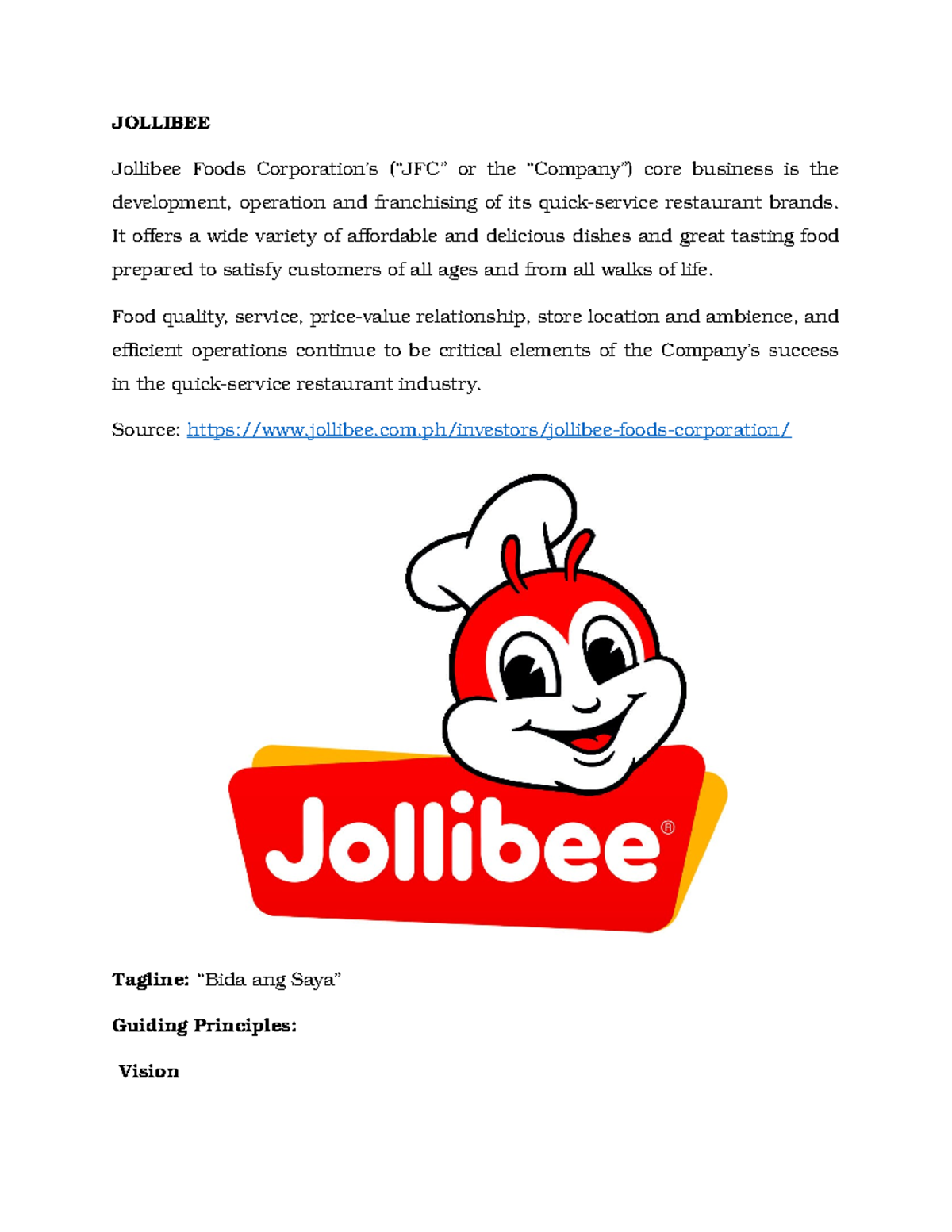 Assignment #1 V.m - Jollibee Jollibee Foods Corporation's (“Jfc” Or The  “Company”) Core Business Is - Studocu