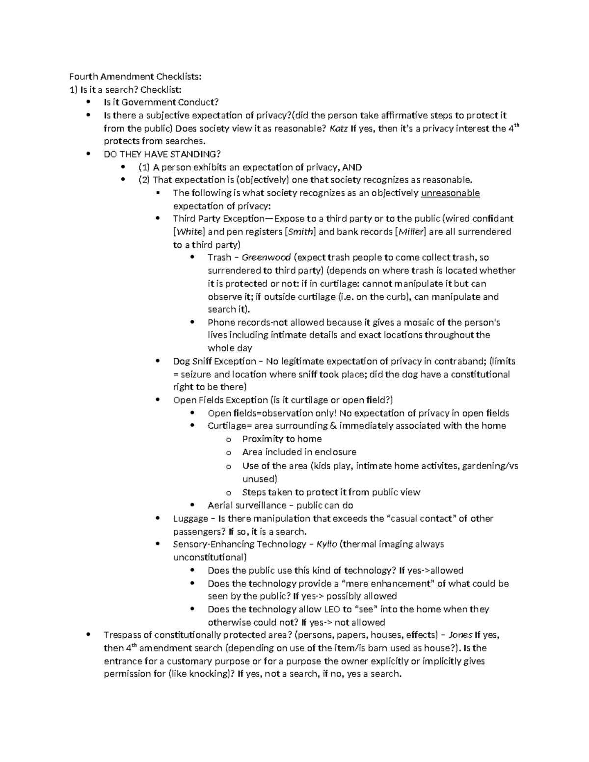 Crim Pro outline - Summary Criminal Law - Fourth Amendment Checklists ...