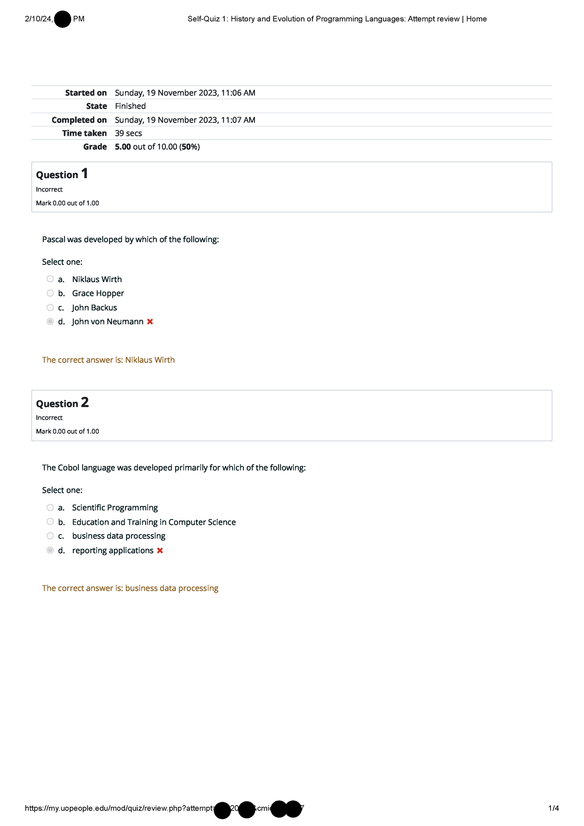 Self-Quiz 1 History and Evolution of Programming Languages Attempt ...