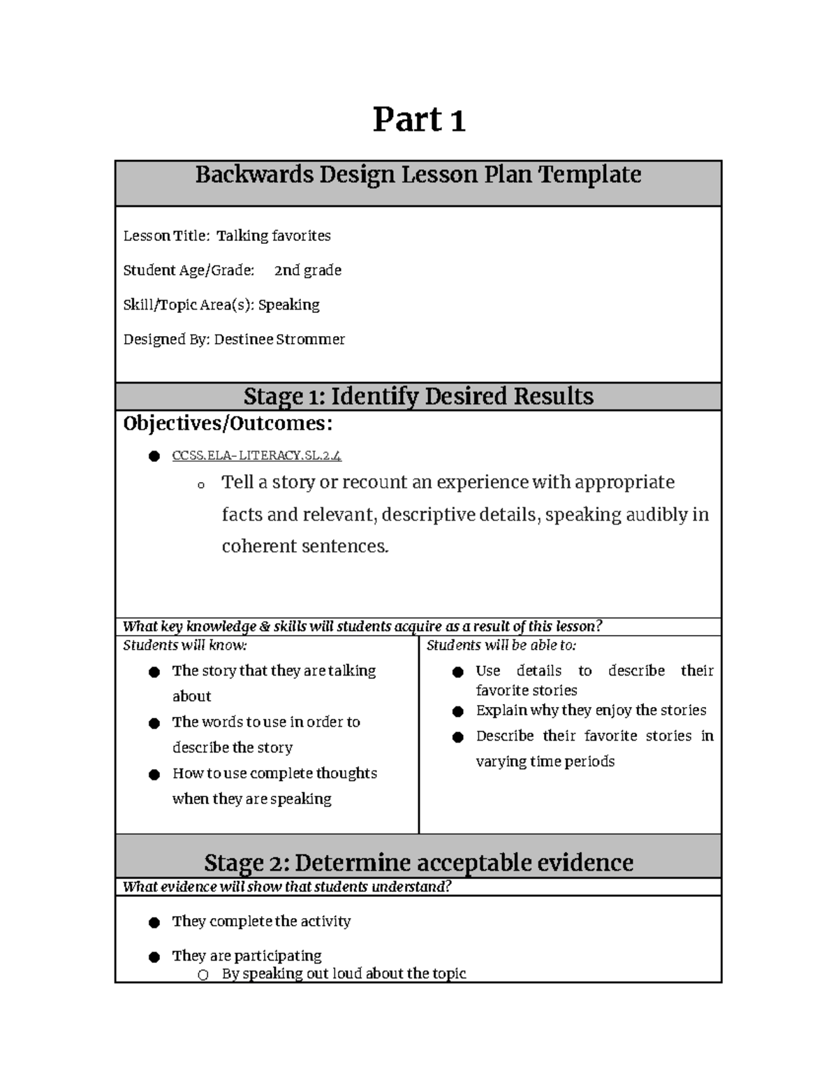 Speaking Lesson Plan - Part 1 Backwards Design Lesson Plan Template ...