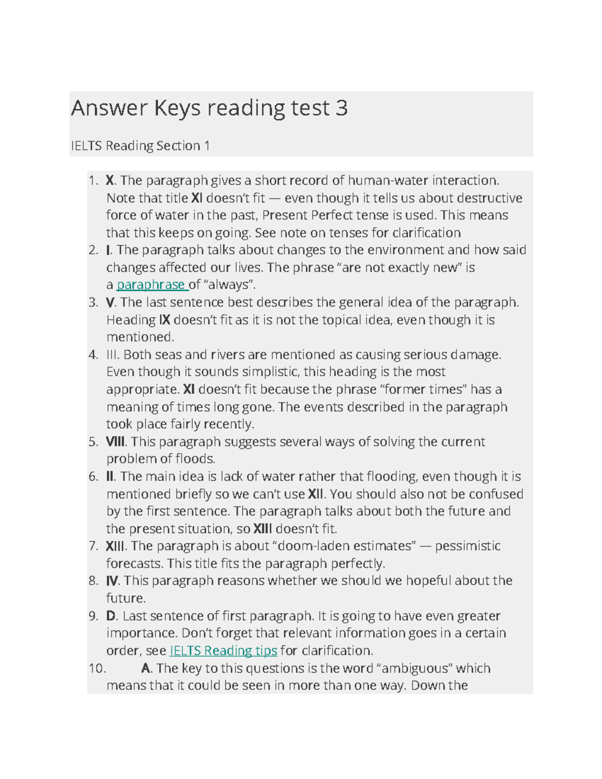 Reading TEST 3 Answer - Good - Answer Keys Reading Test 3 IELTS Reading ...