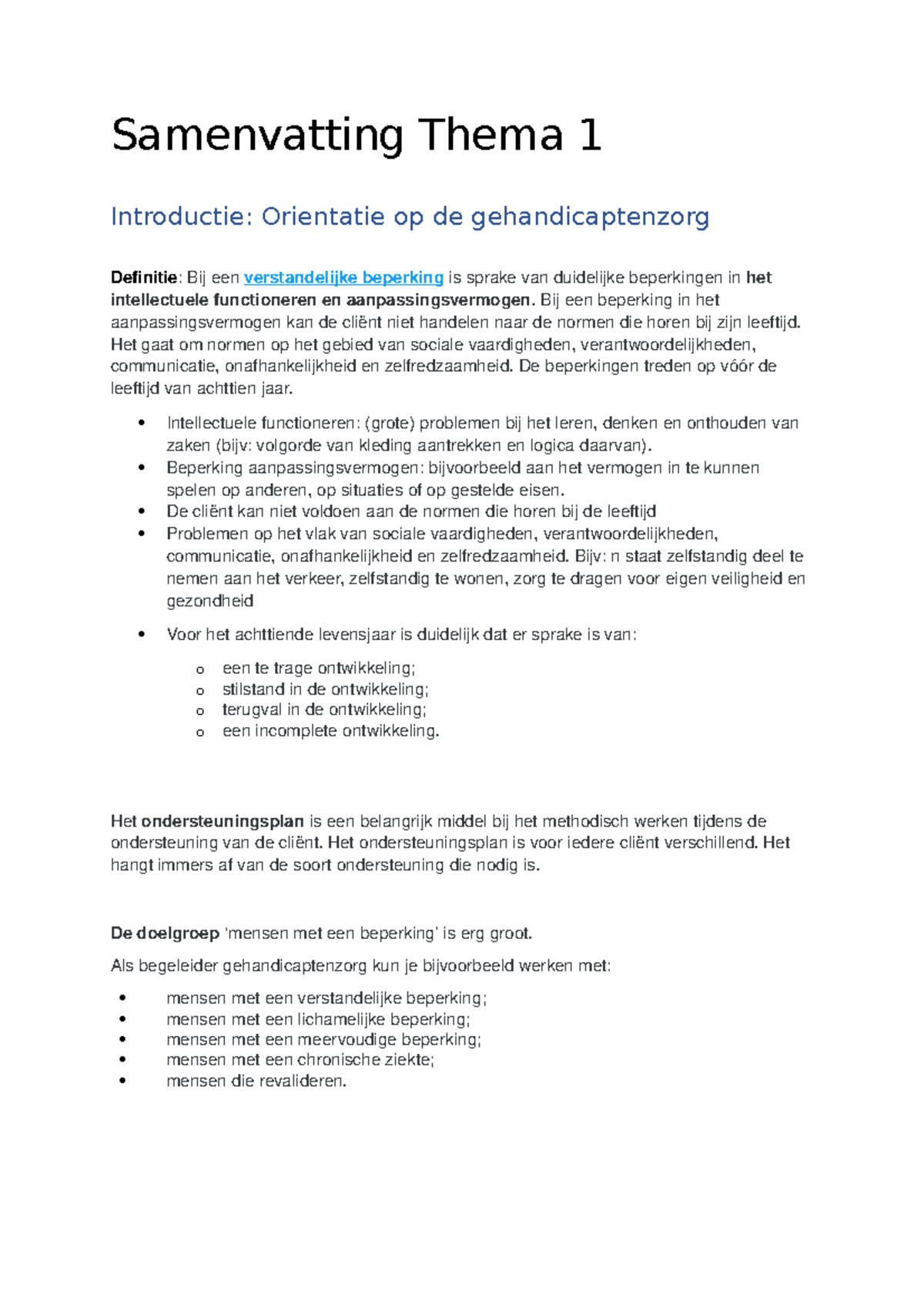 Samenvatting Thema 1 - Gehandicptenzorg - Samenvatting Thema 1 ...