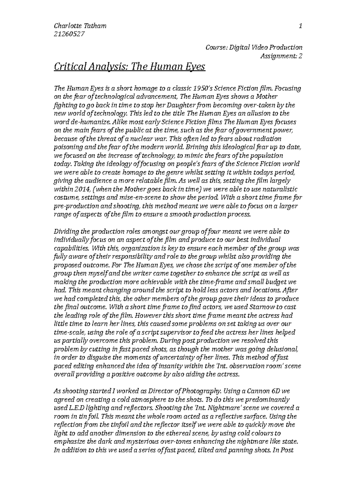 Practical - Analysis Of a Short Film - Charlotte Tatham 21260527 1 ...