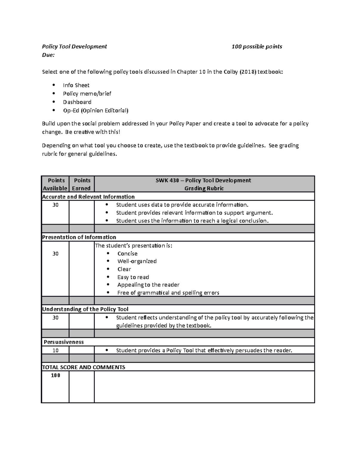 Policy Tool Development Assignment and Rubric - Policy Tool Development ...