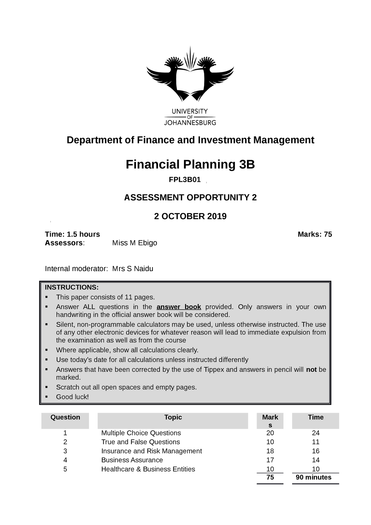 FPL3B01 AO2 2019 - Previous Paper - Department Of Finance And ...