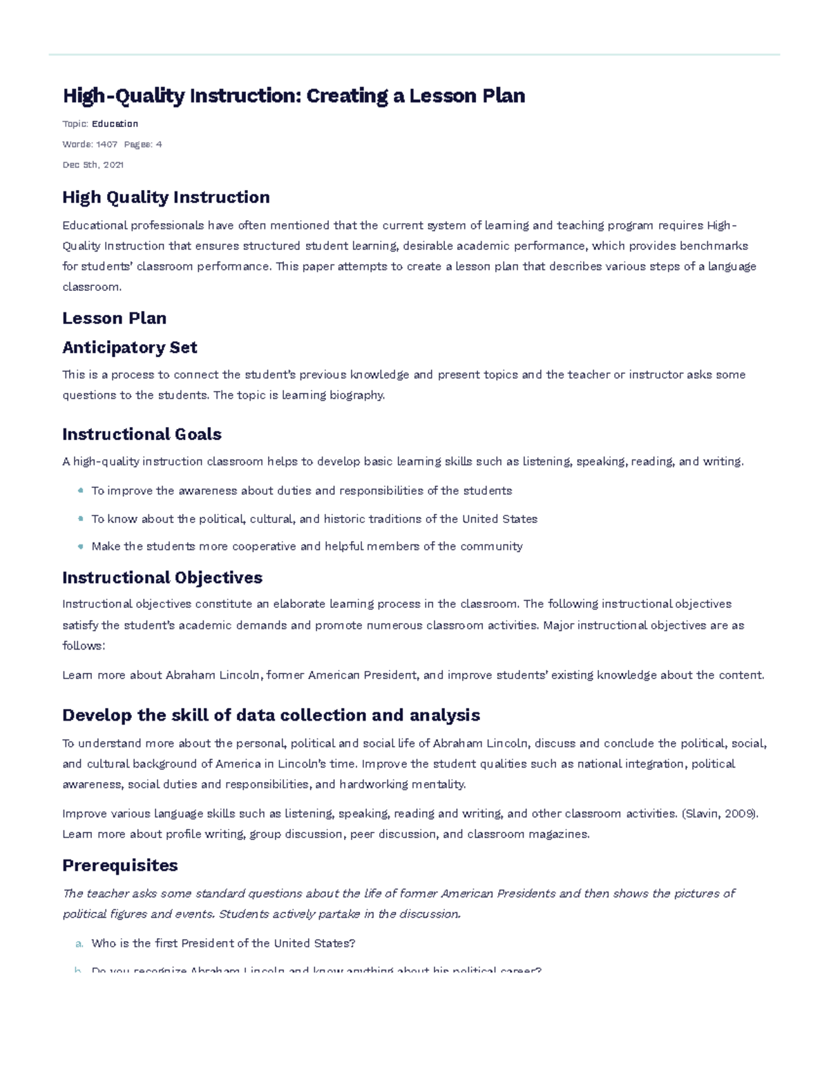 HighQuality Instruction Creating a Lesson Plan Free Essay Example