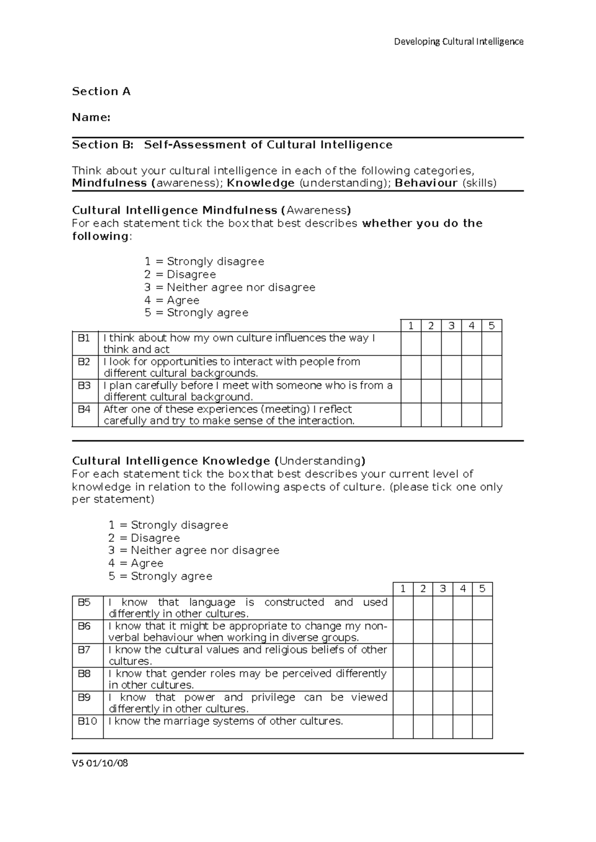 Toolkit - CQ Questionnaire - Developing Cultural Intelligence Section A ...