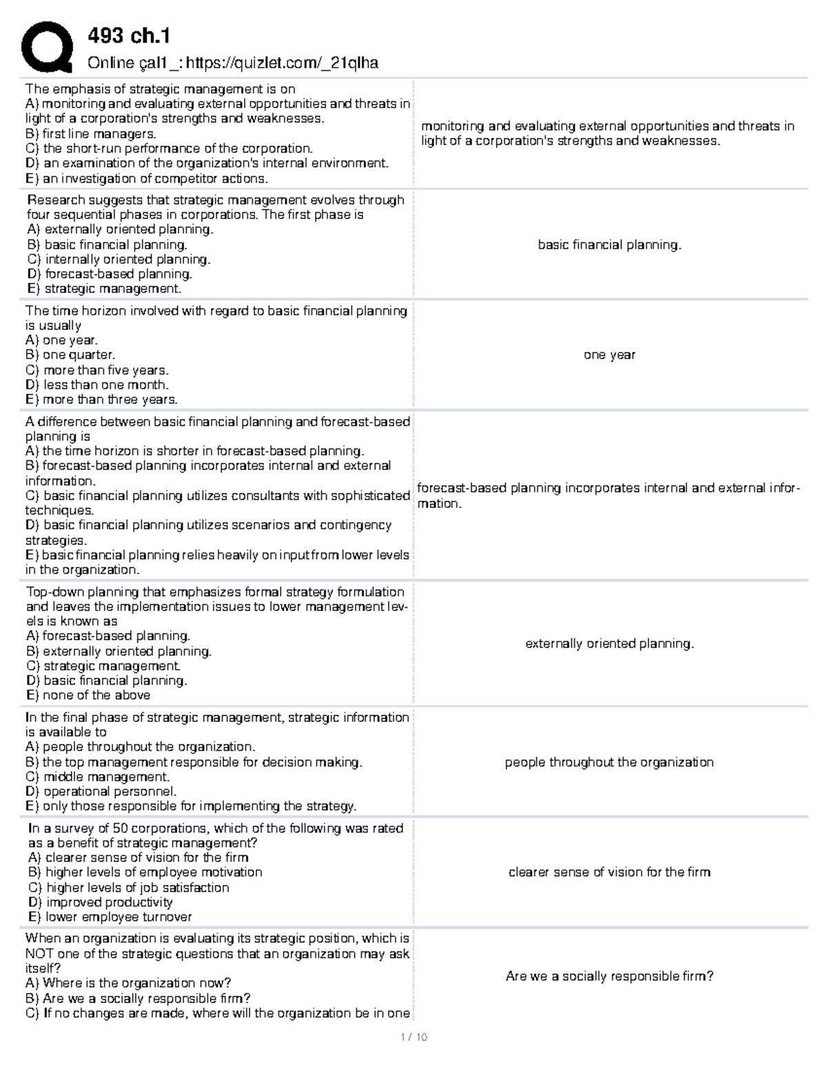 Quizlet Ch 1 Online çal1_ quizlet/_21qlha The emphasis of strategic management is on A) Studocu