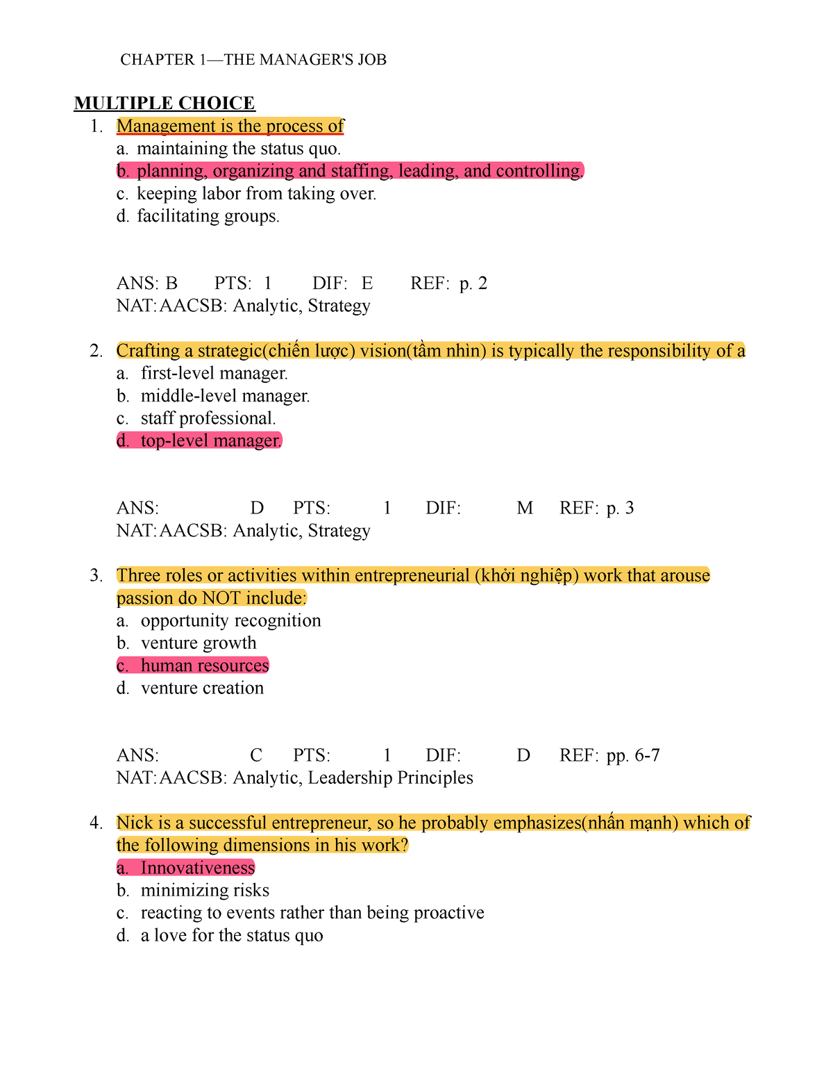 MGT101 Test Bank - MGT - CHAPTER 1—THE MANAGER'S JOB MULTIPLE CHOICE ...