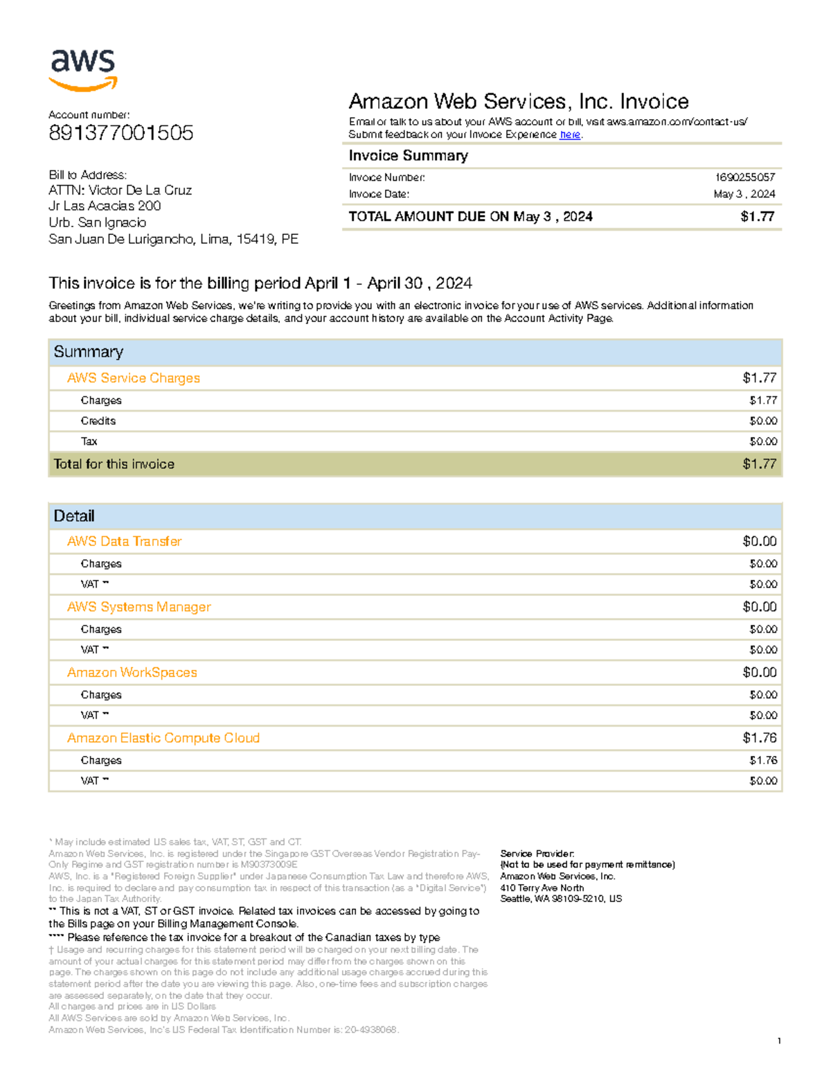 Invoice 1690255057 - informe - Account number: 891377001505 Bill to ...
