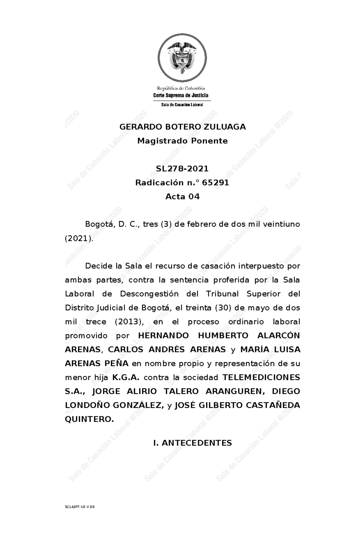 SL278-2021 - Sentencia judicial - GERARDO BOTERO ZULUAGA Magistrado