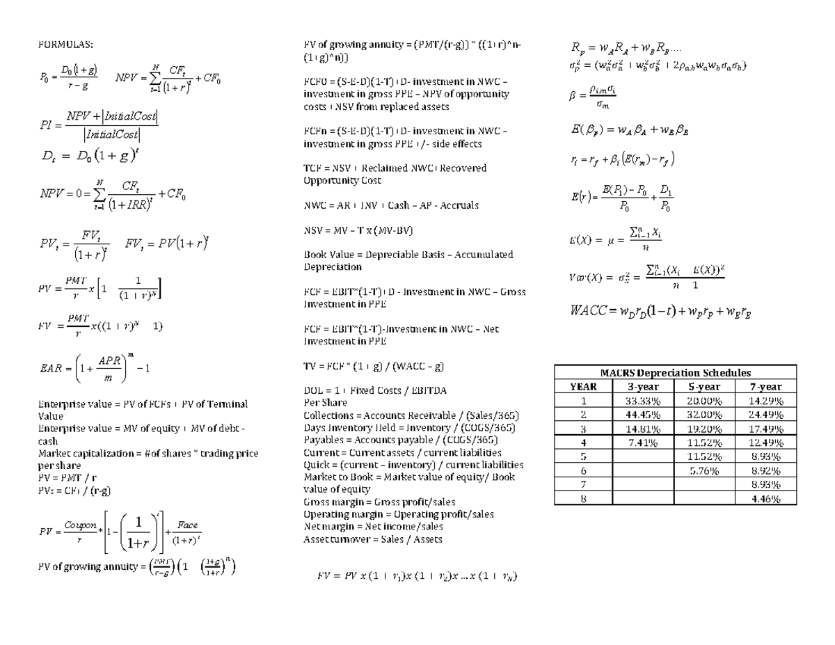 TEST 2 Formula Sheet - FORMULAS: 𝑃𝑉= 𝑃𝑀𝑇 𝑟 𝑥(1 − 1 ( 1 + 𝑟 ) . / 𝐹𝑉 ...