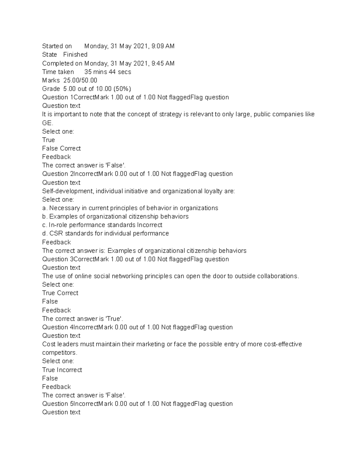 Bus 1101 - Practice Exam Unit 8 - Started On Monday, 31 May 2021, 9:09 ...