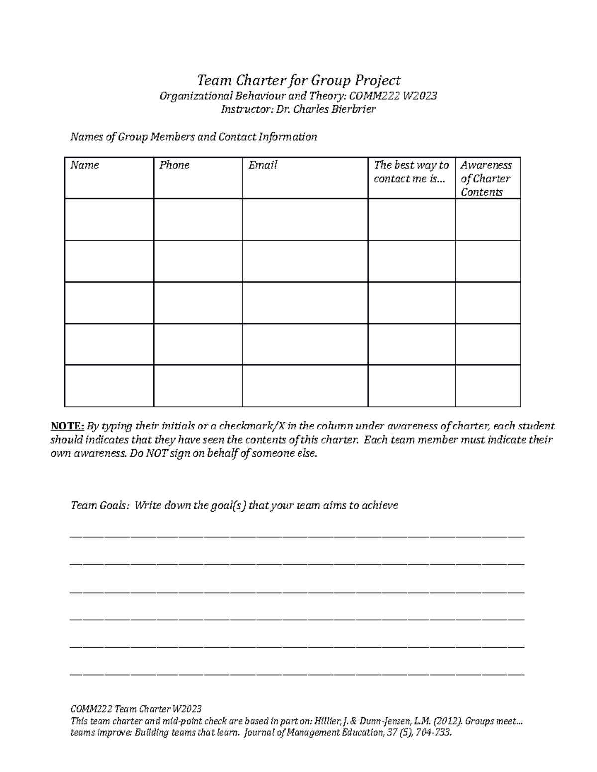 Team Charter for Group Project COMM222 J Bierbrier - Team Charter for ...