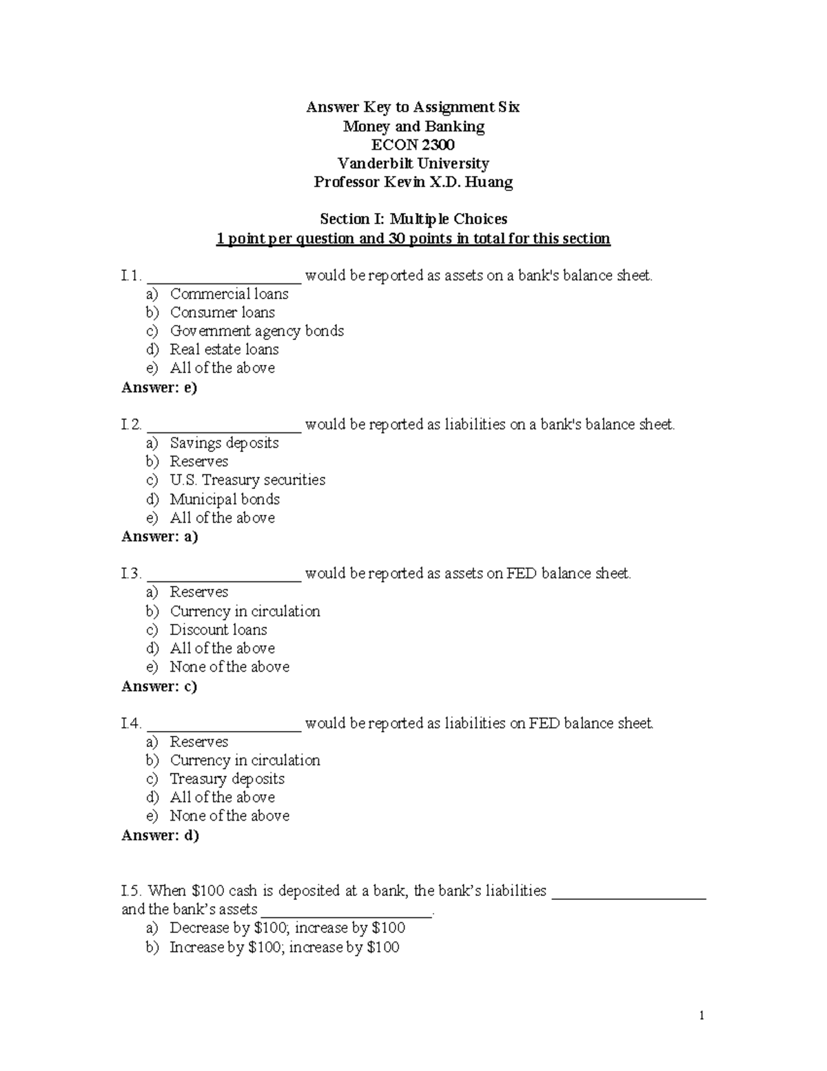 Assignment 6 Answer Homework 6 Answer Key to Assignment Six Money