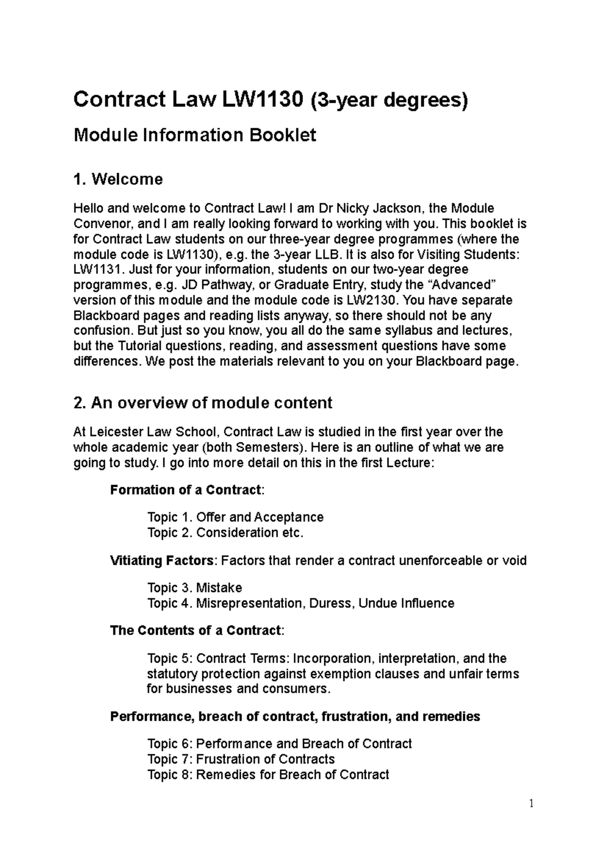 00000 Contract Law 2021-22 LW1130 Module Information Booklet - Contract ...