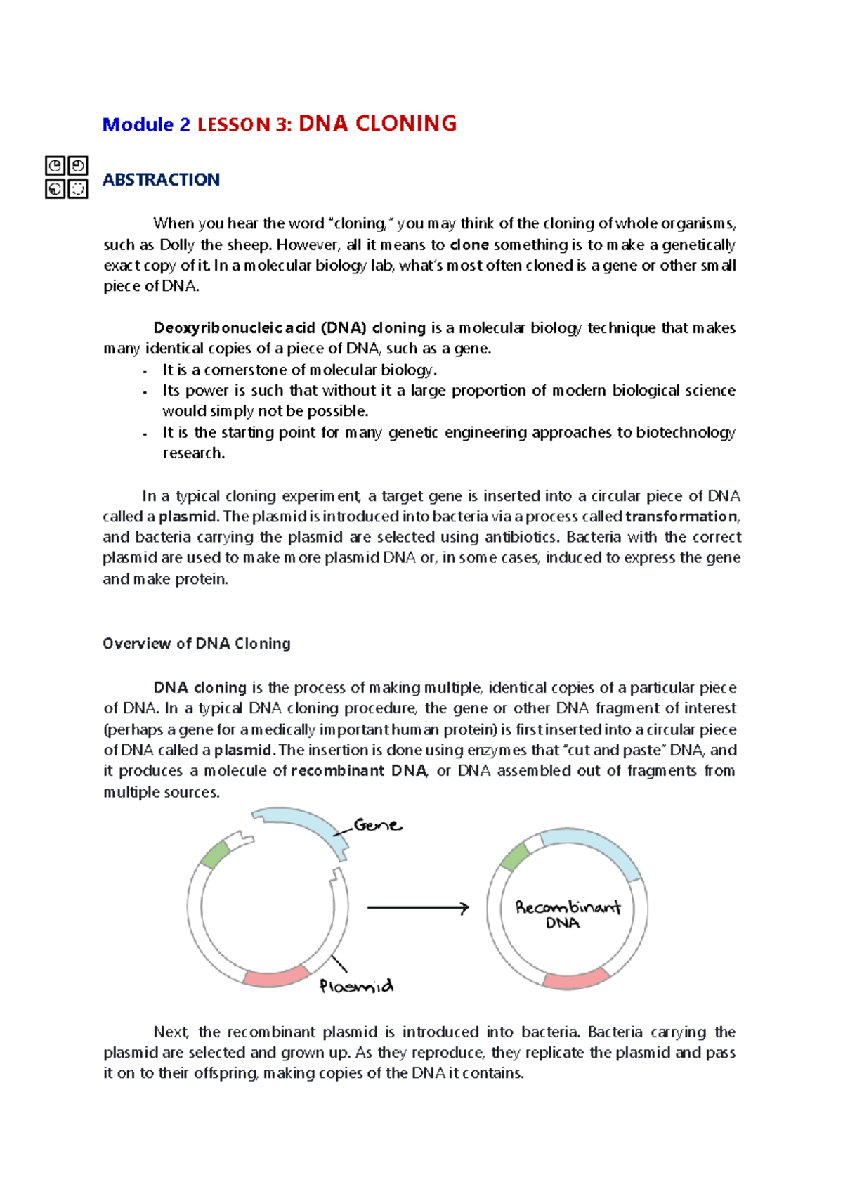 Module 2 Lesson 3 DNA Cloning Module 2 LESSON 3 DNA CLONING