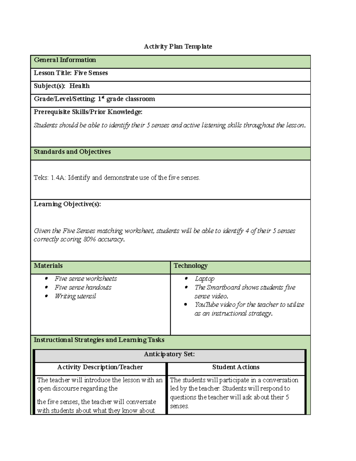Five Sense lesson plan (4) - Activity Plan Template General Information ...
