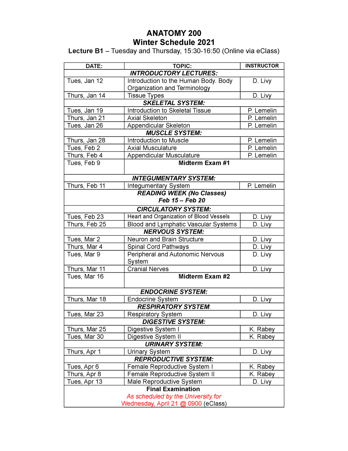 ANAT200Scheduleonly Winter 21 - ANATOMY 200 Winter Schedule 2021 ...