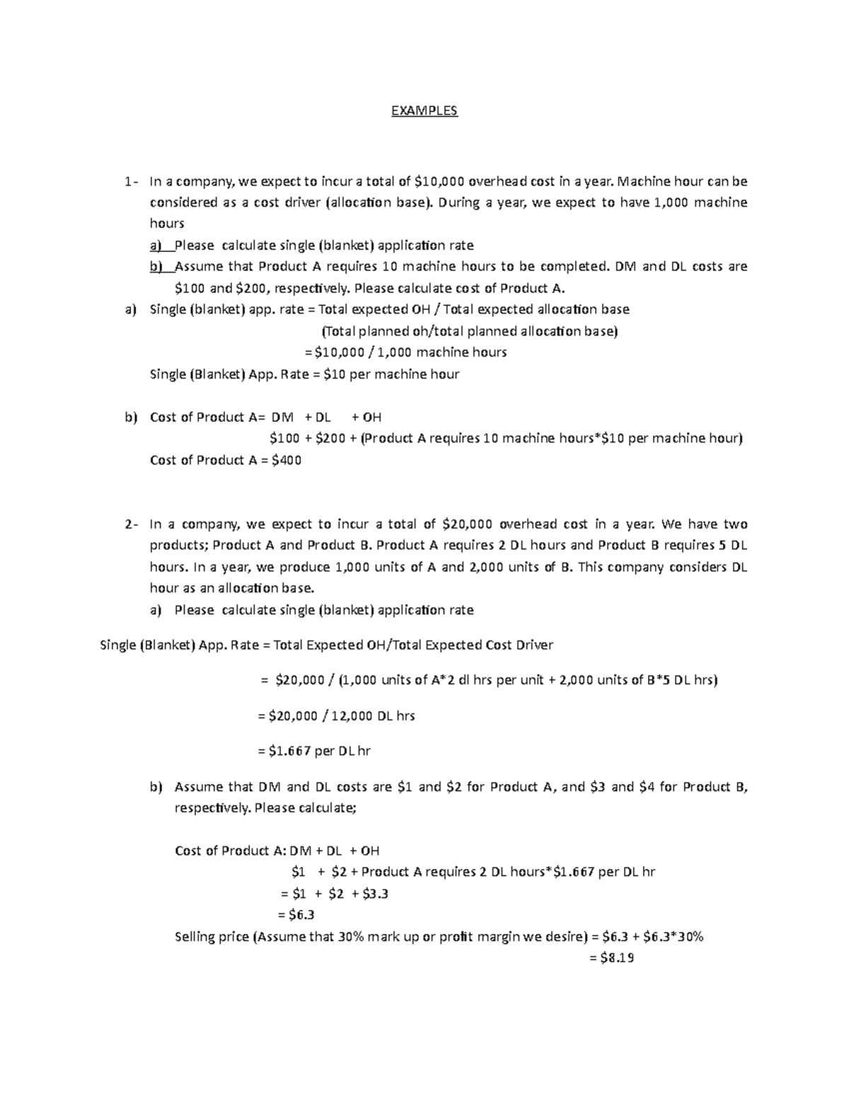 Ch 1 Blanket rate question 2223 fall EXAMPLES 1 In a company, we expect to incur a total