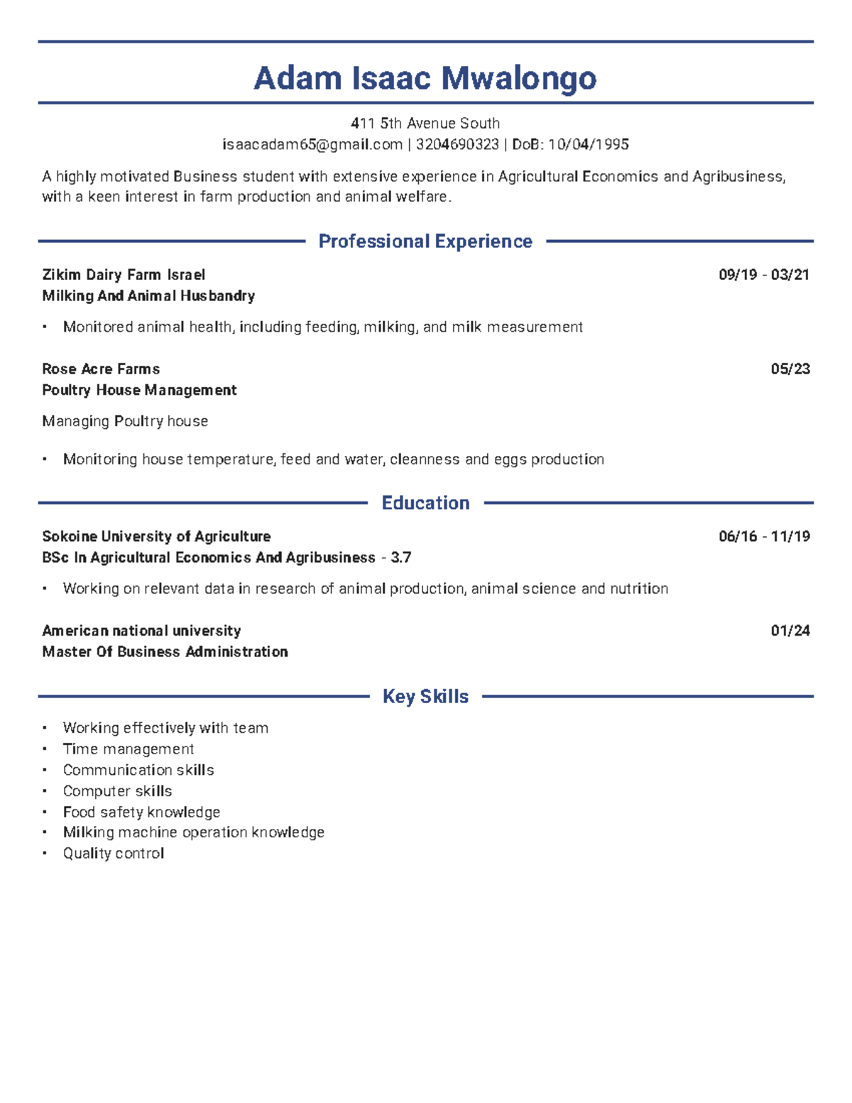 Resume - assignment - Adam Isaac Mwalongo 411 5th Avenue South ...