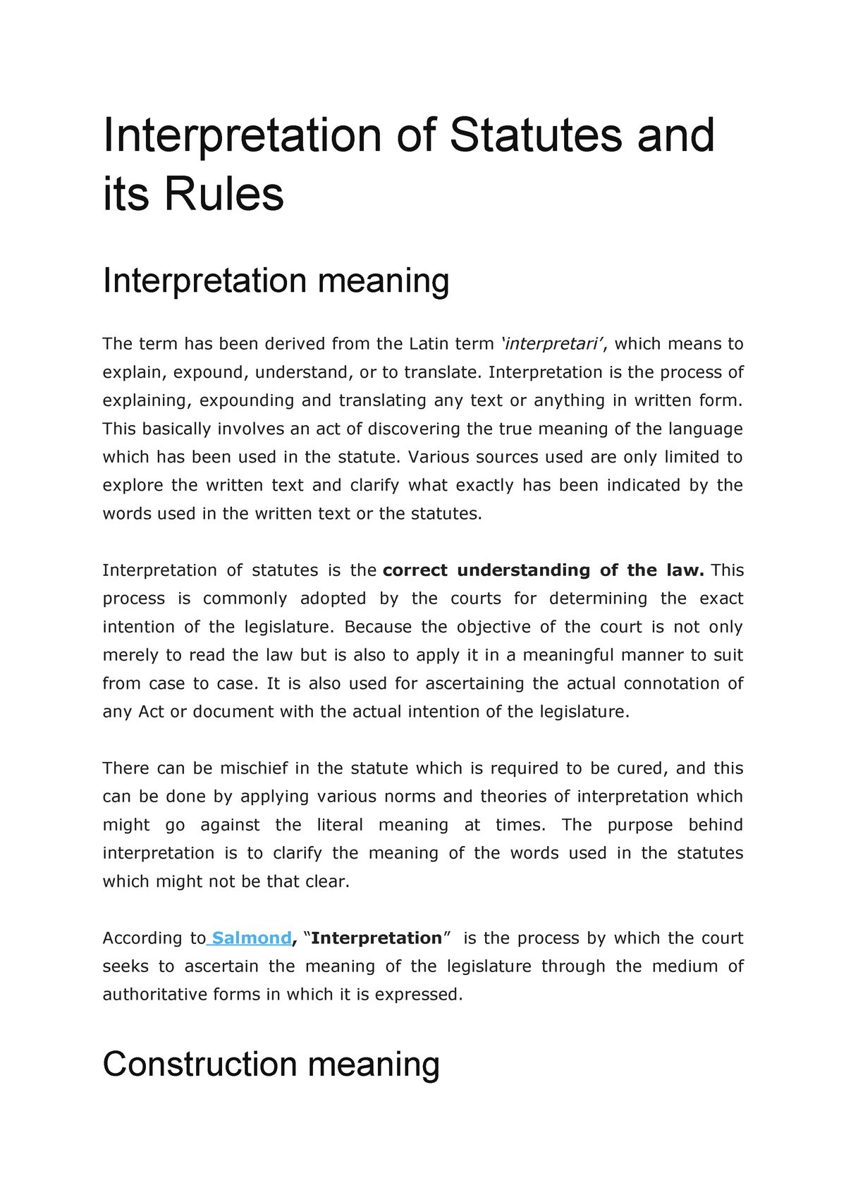 Interpretation of Statutes and its Rules Interpretation of Statutes