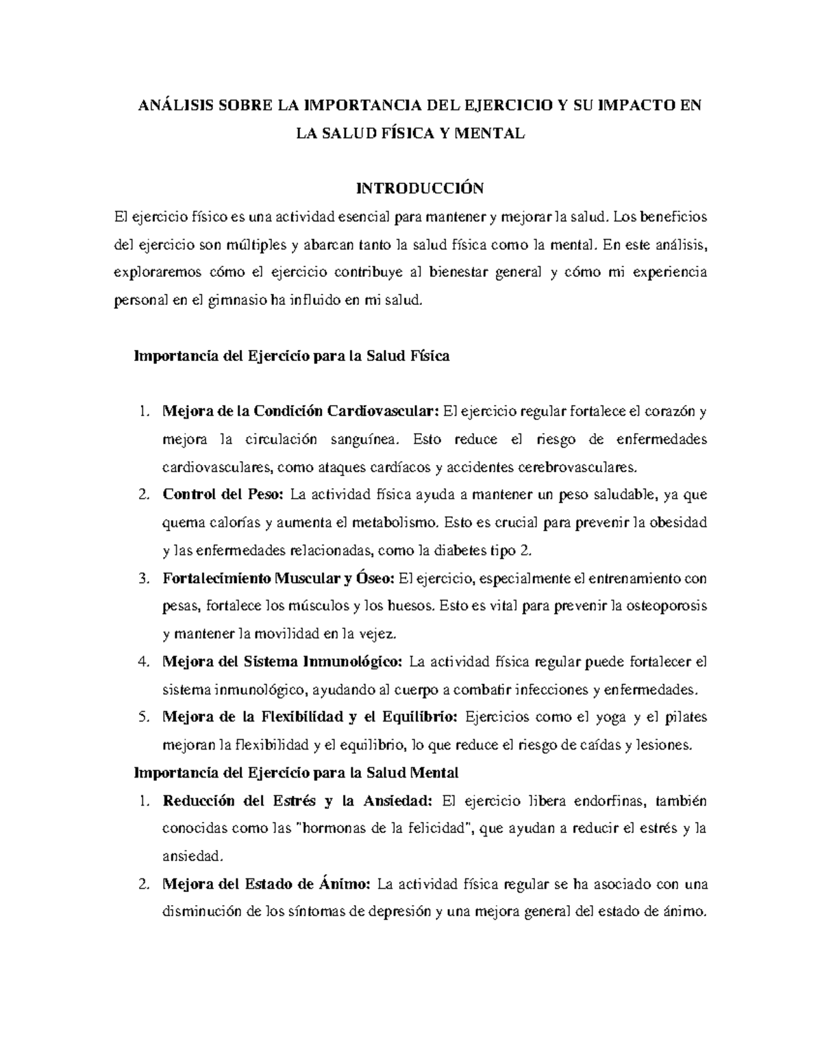 Análisis Sobre LA Importancia DEL Ejercicio Y SU Impacto EN LA Salud ...