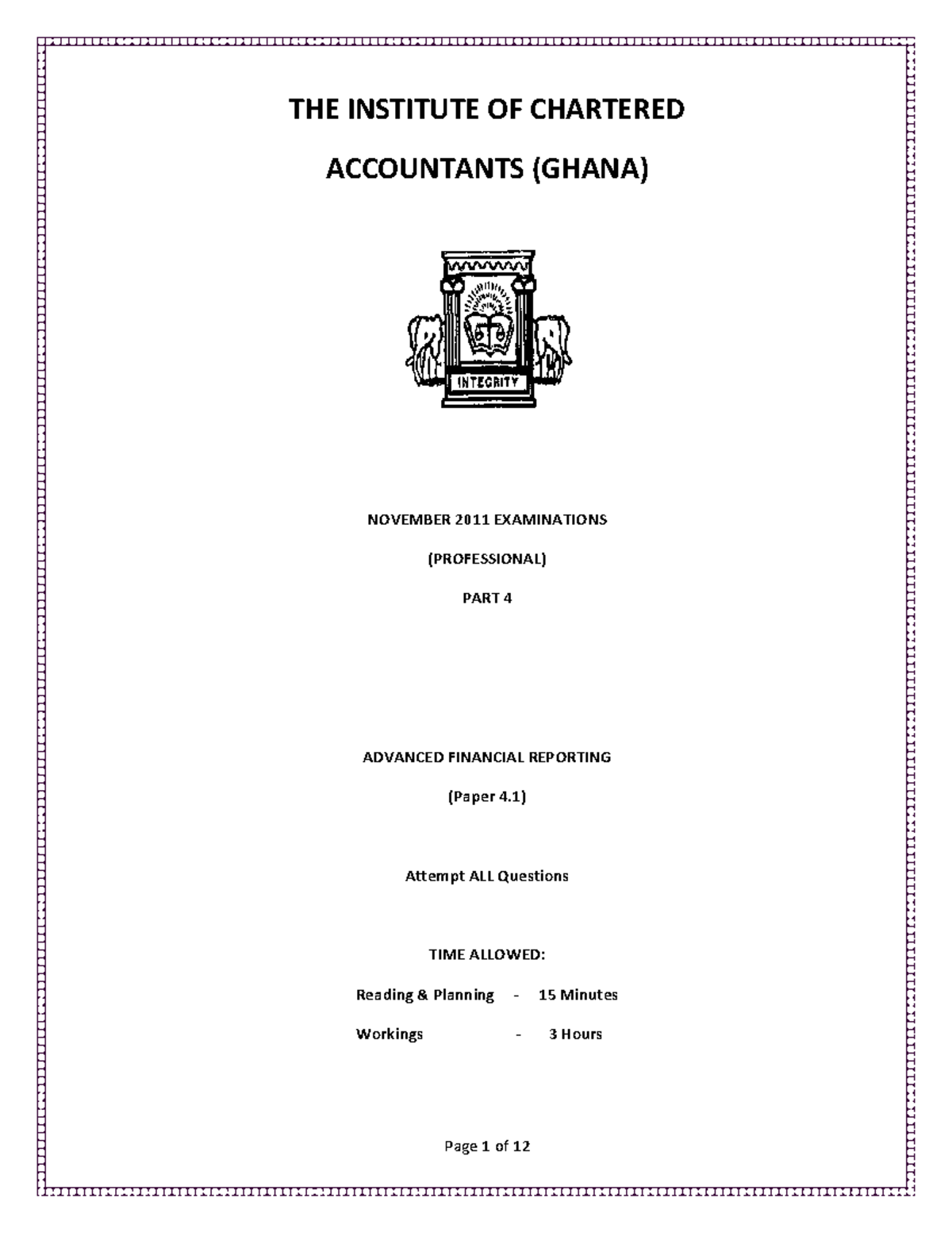 Exam, questions and answers THE INSTITUTE OF CHARTERED ACCOUNTANTS