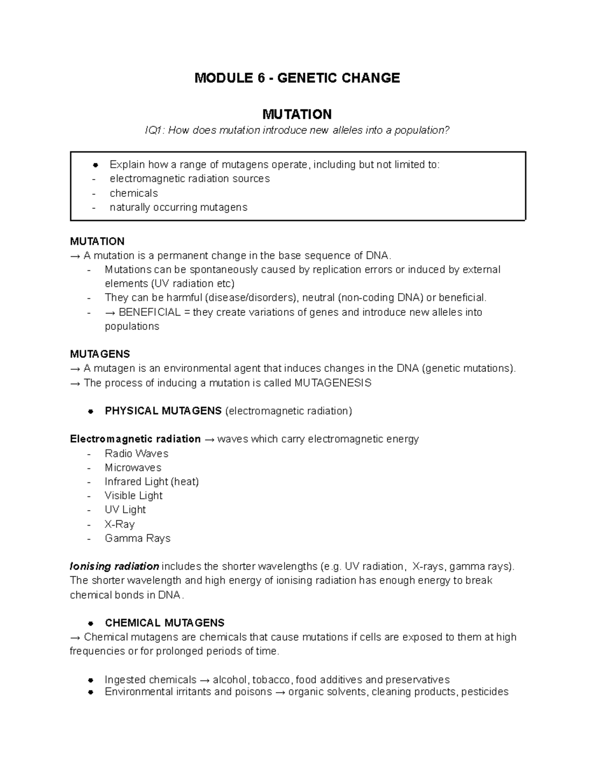 Module 6 - Genetic Change - MODULE 6 - GENETIC CHANGE MUTATION IQ1: How ...