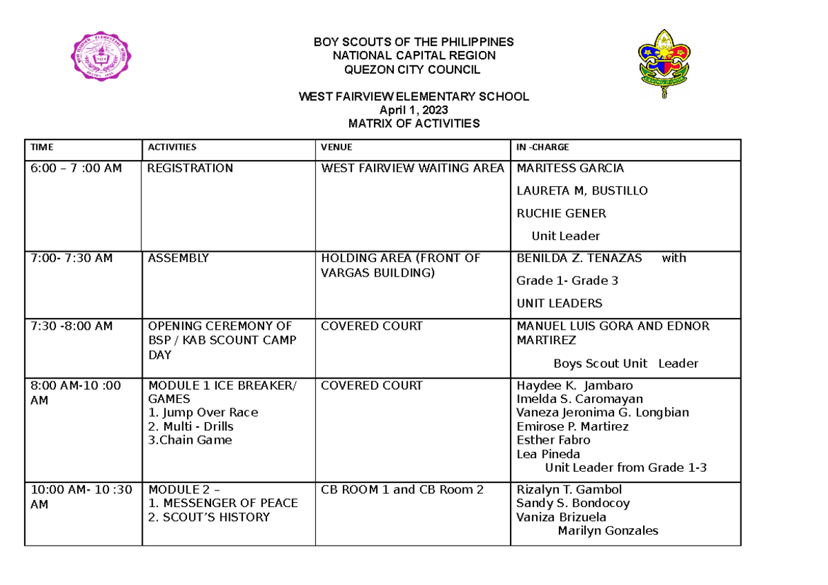 Bsp program april 23 for BSP campers activities BOY SCOUTS OF THE