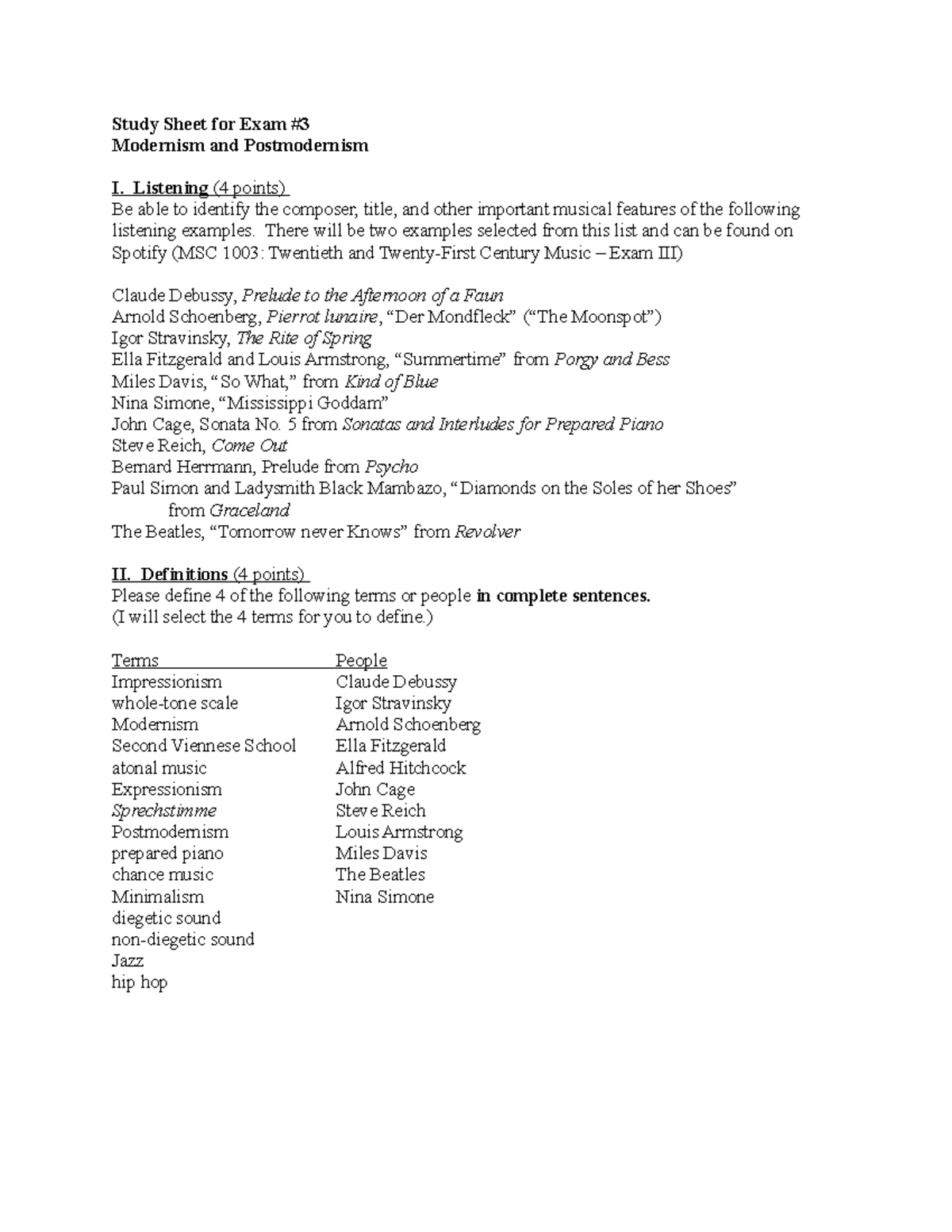 Study Sheet Exam #3 Dec 12 - Study Sheet for Exam # Modernism and ...
