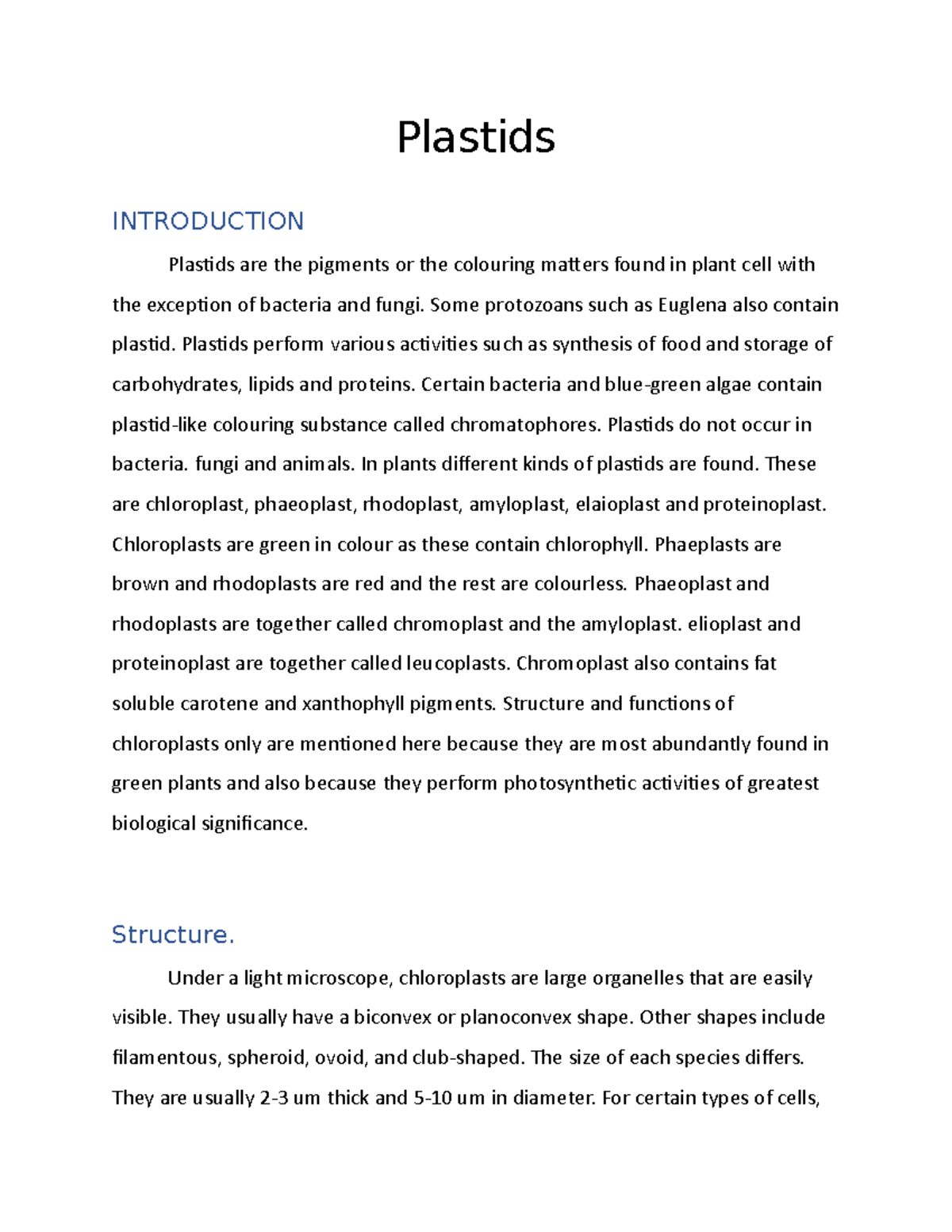 Short NOTE ON Plastids Lecture notes 1213 Plastids INTRODUCTION