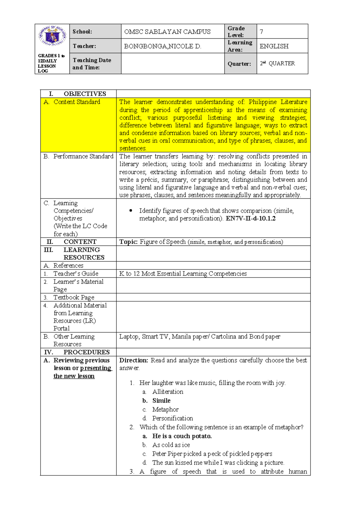 LP-Template - Lesson Plan Template - I. OBJECTIVES A. Content Standard ...