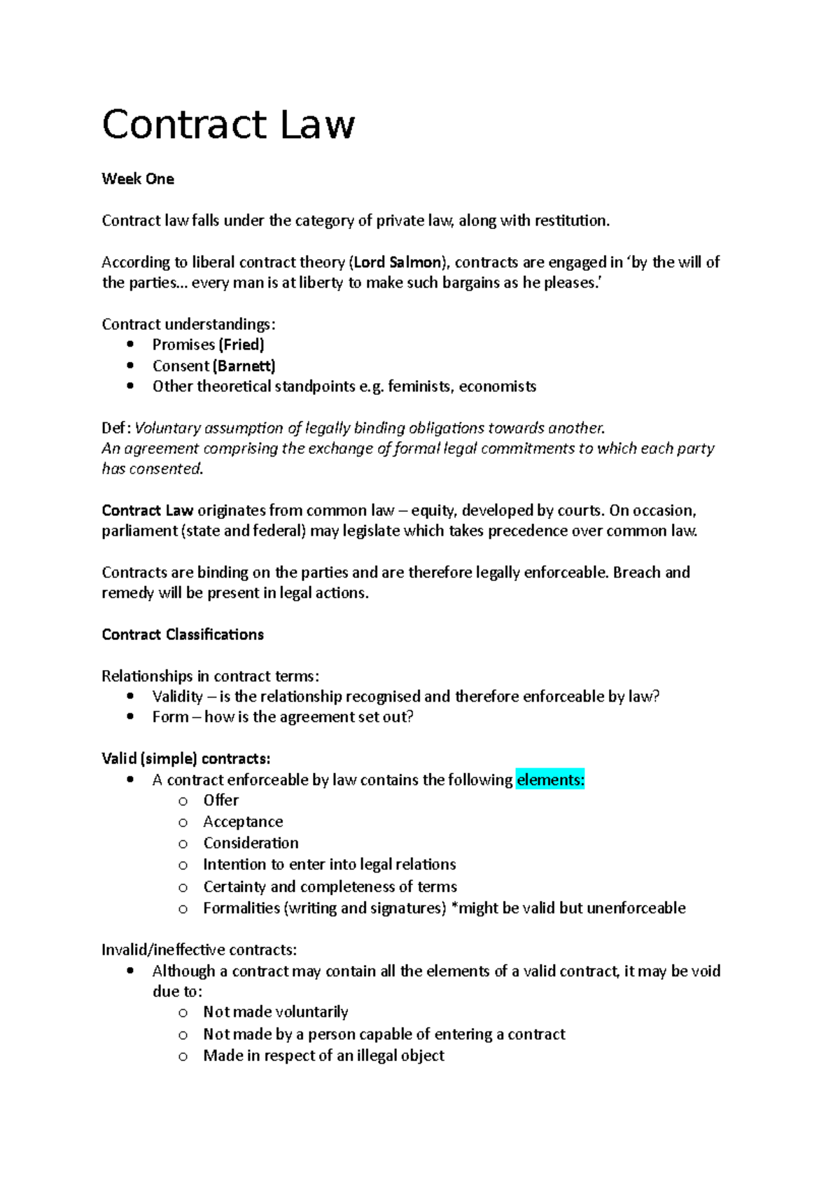 Contract Law Shortened Summary for Final - Contract Law Week One ...