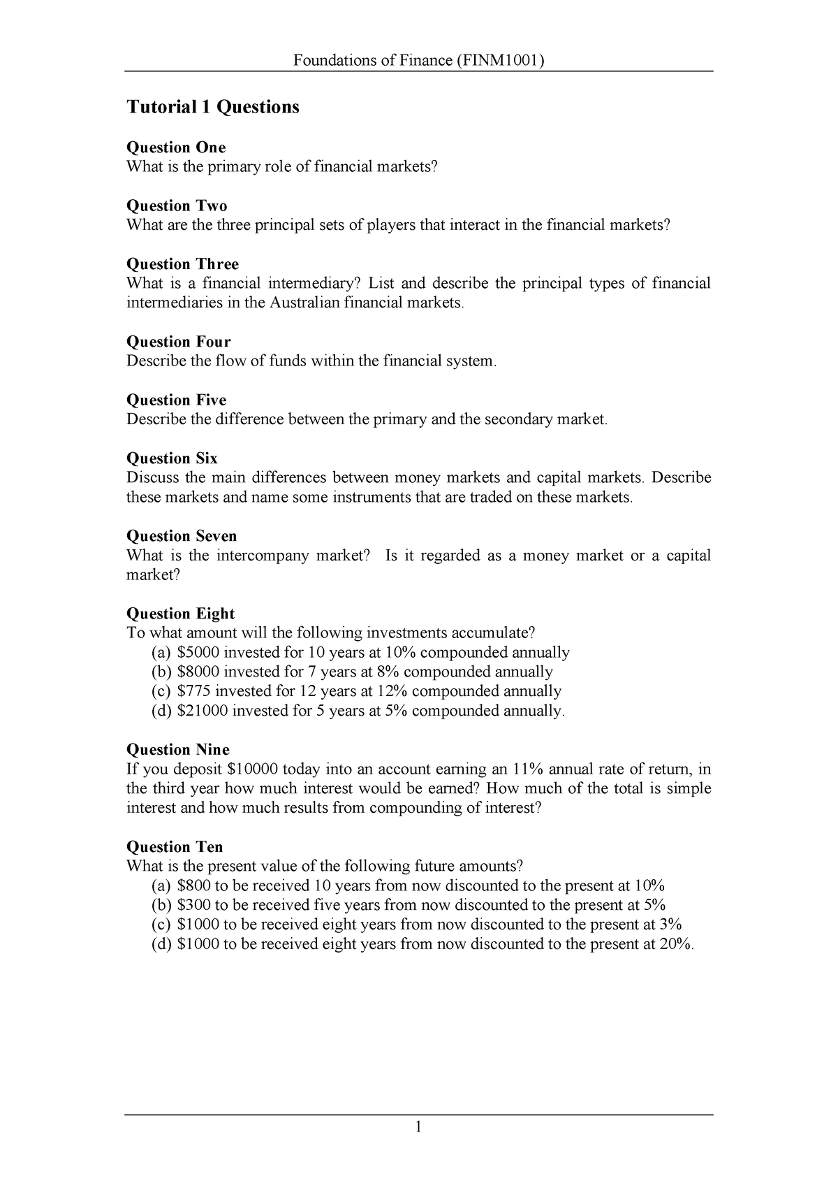 Tutorial 1 Questions - Foundations Of Finance (FINM1001) 1 Tutorial 1 ...