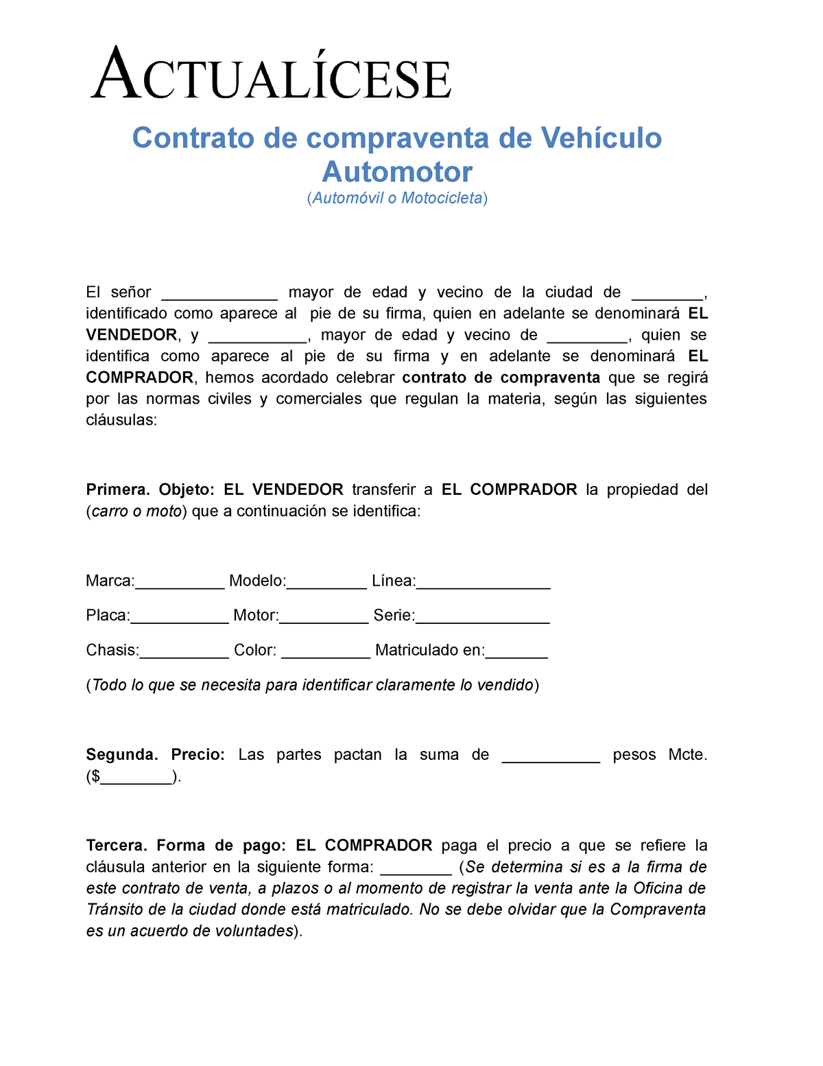 Contrato Compraventa De Carro Y Moto Responsabilidad Fiscal Unal
