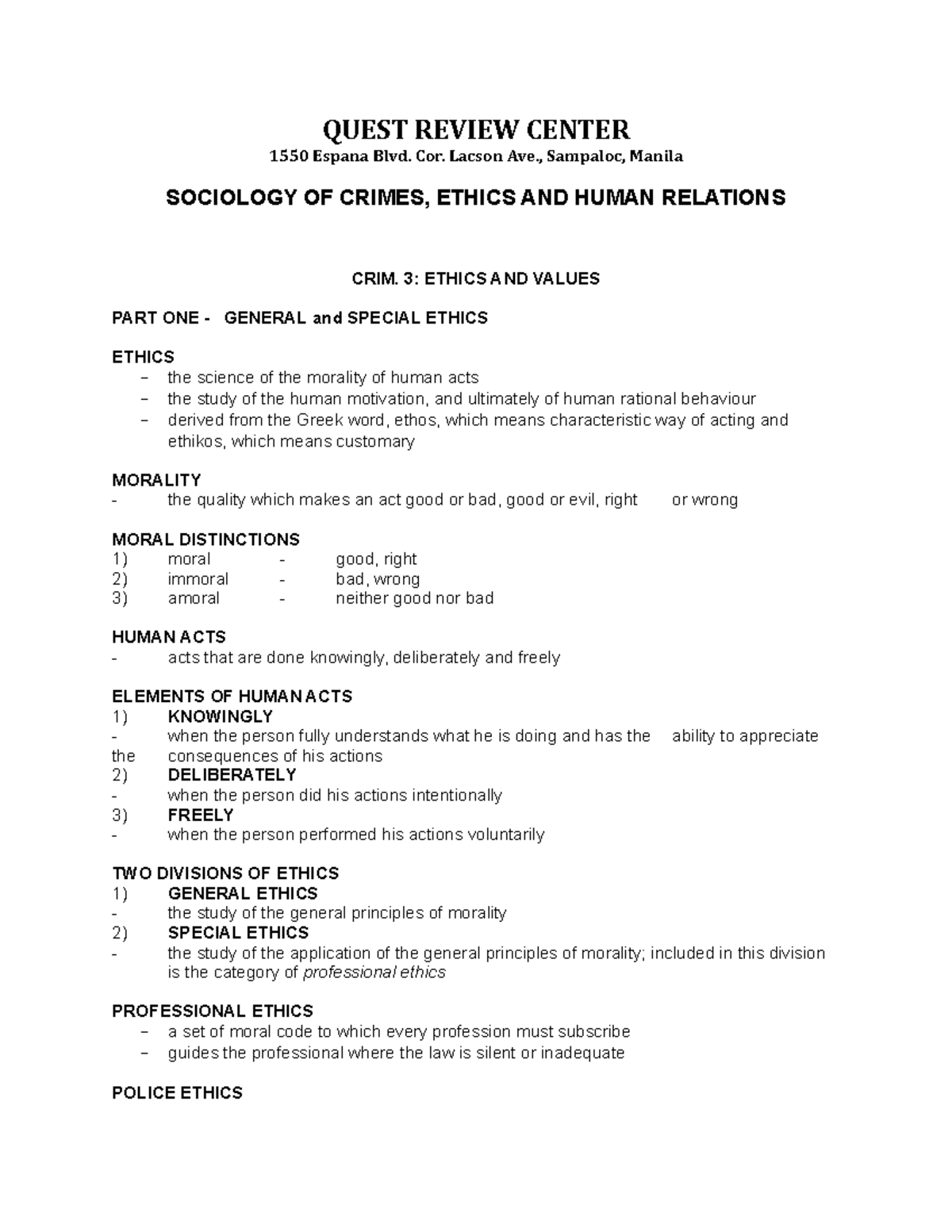 Copy of (CRIM. 3) Ethics AND Values - QUEST REVIEW CENTER 1550 Espana ...