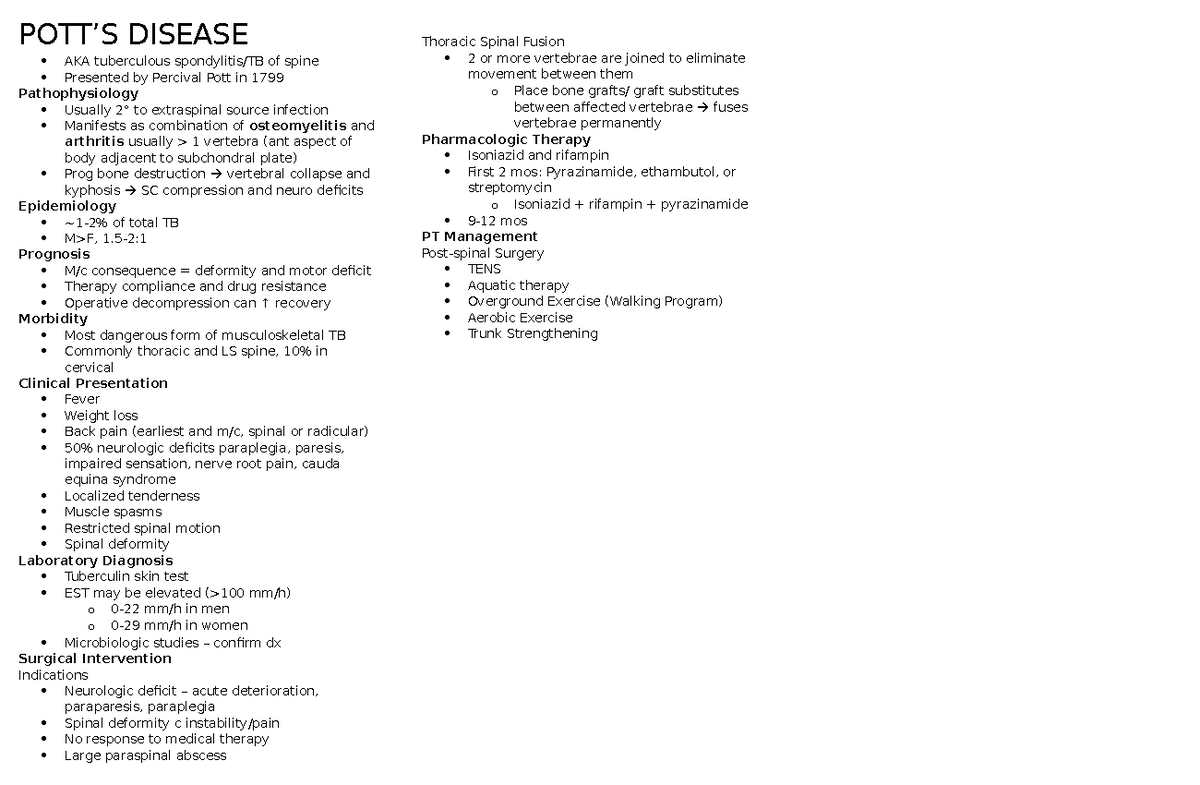 POTT'S Disease and management POTT’S DISEASE AKA tuberculous