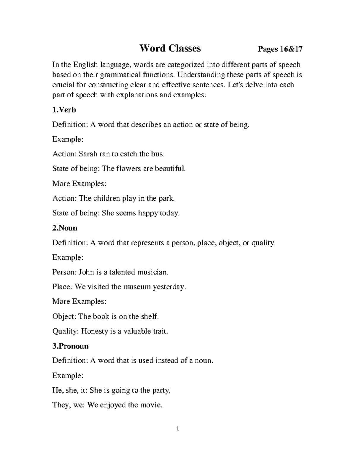 1 - Summary English department - Word Classes Pages 16& In the English ...