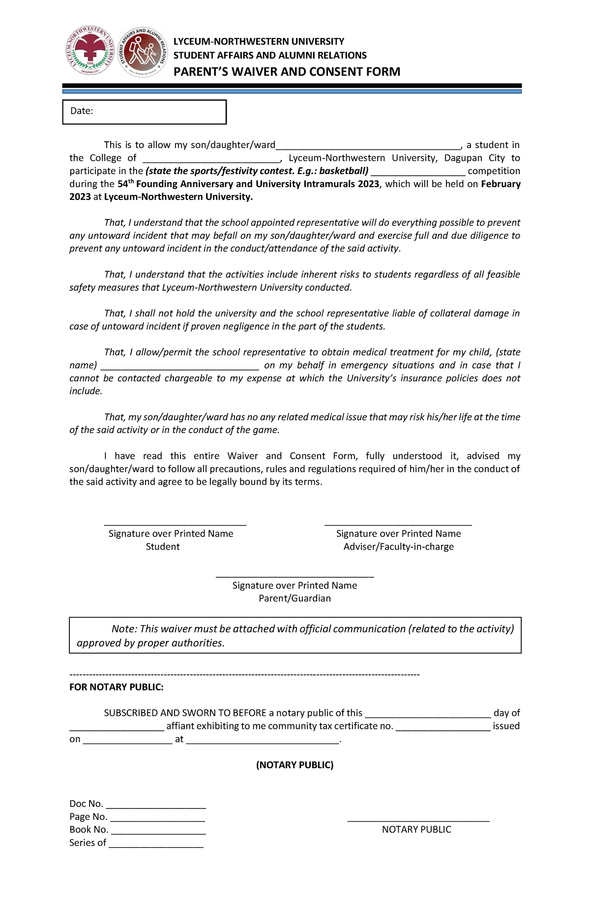 Parents-Waiver-and-Consent-Form Instramurals-2023 - LYCEUM-NORTHWESTERN ...